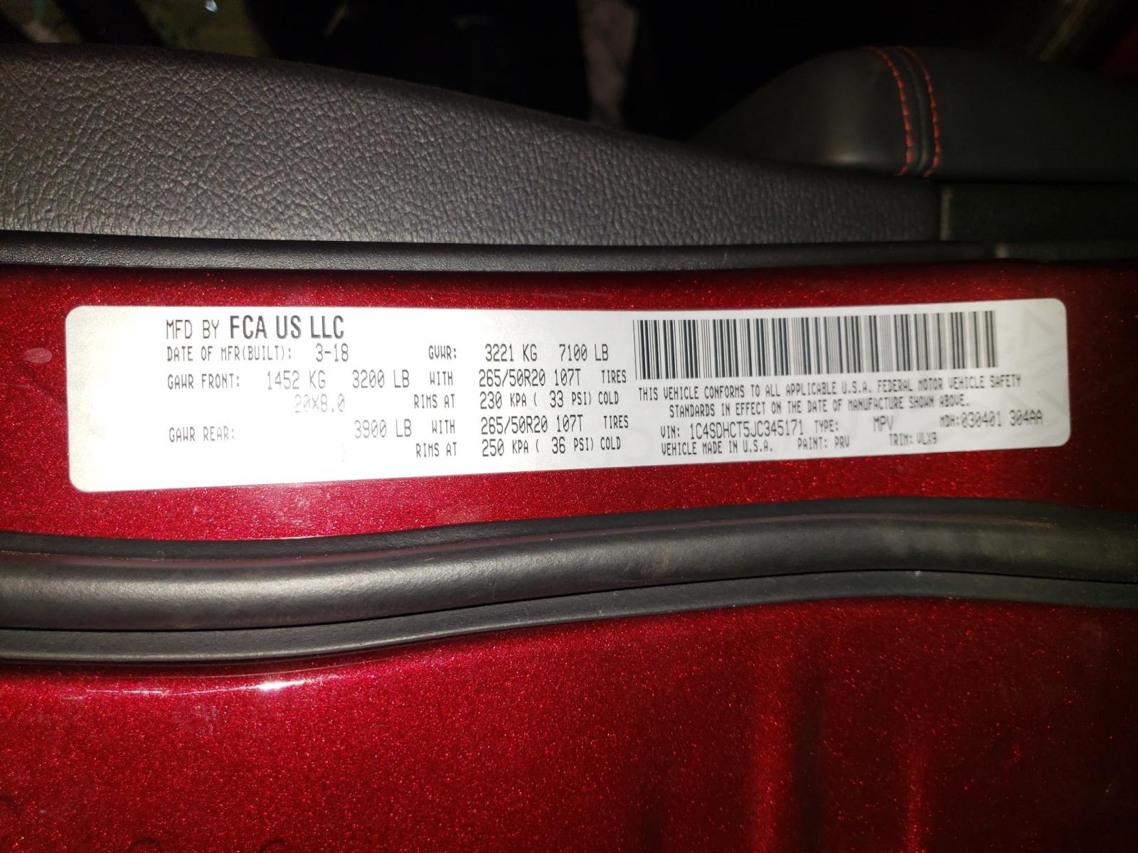 Photo 10 from auction – 2018 DODGE DURANGO R/ with VIN 1C4SDHCT5JC345171