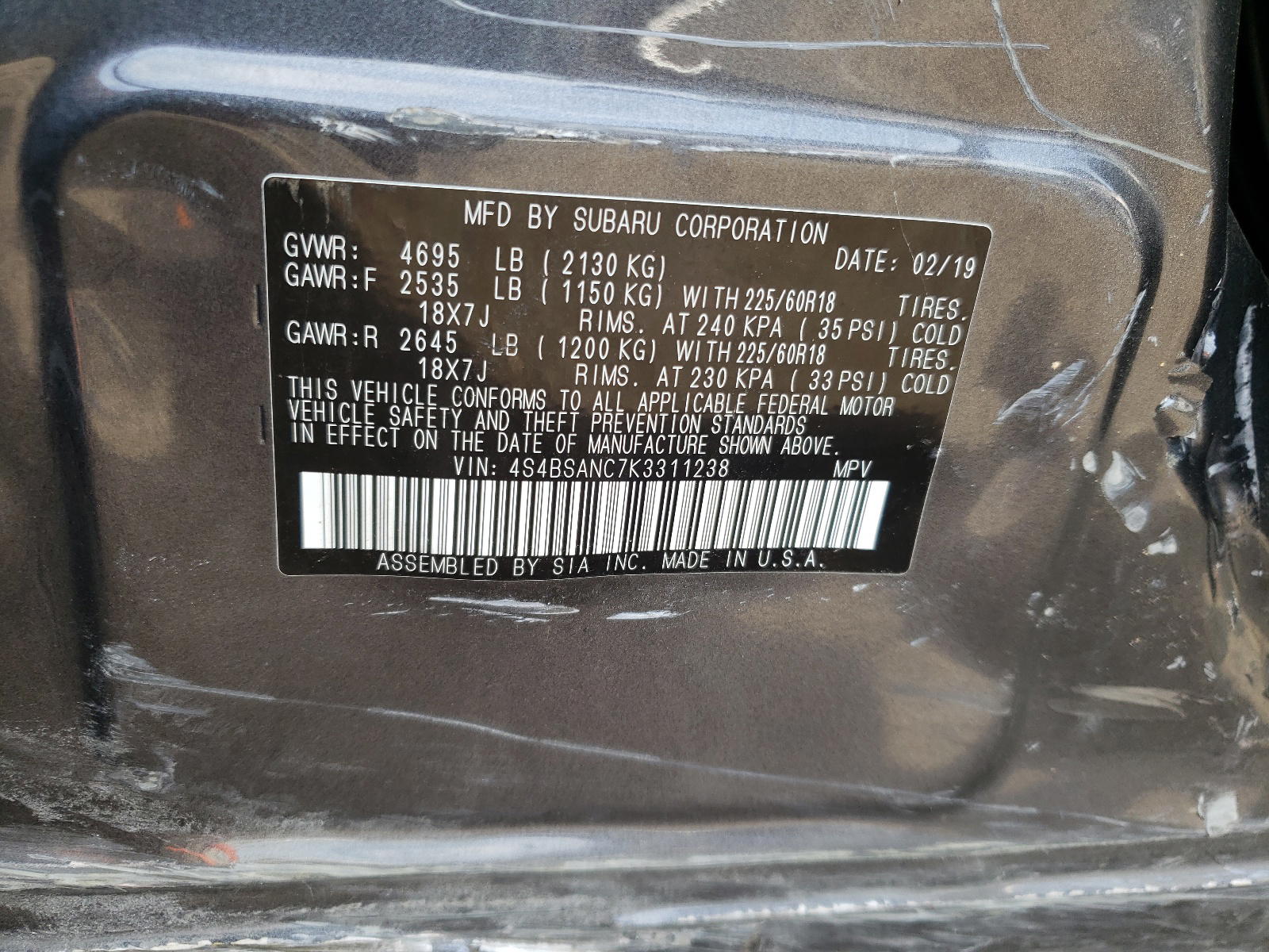 Photo 10 from auction – 2019 SUBARU OUTBACK 2. with VIN 4S4BSANC7K3311238