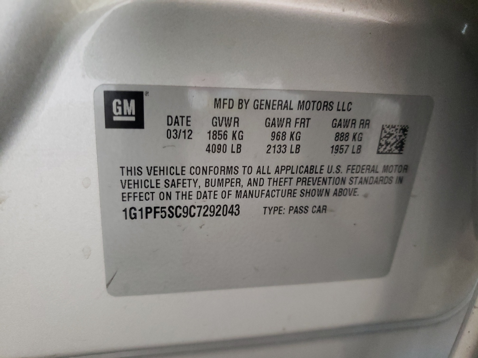 Photo 10 from auction – 2012 CHEVROLET CRUZE LT with VIN 1G1PF5SC9C7292043