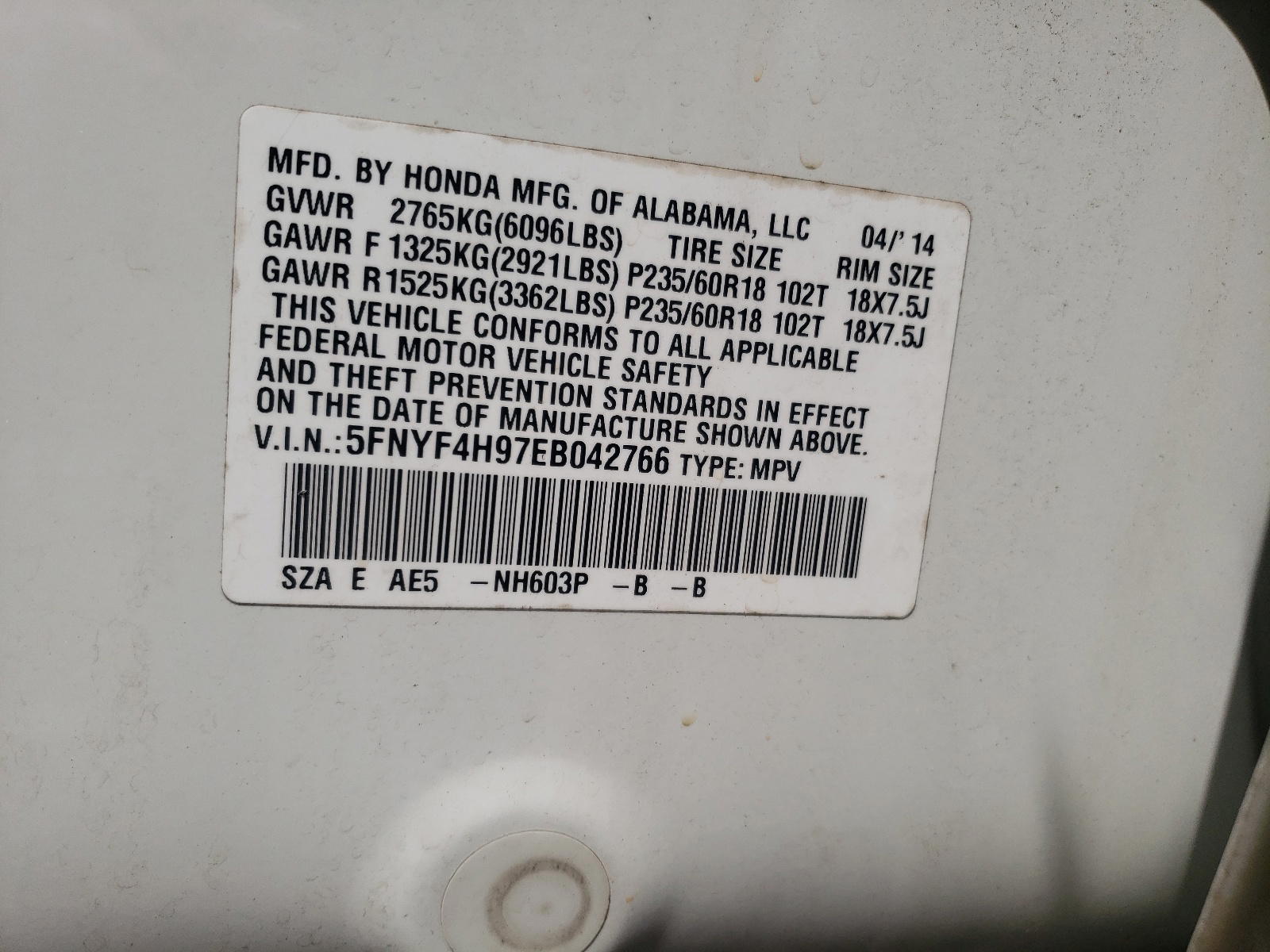 Photo 10 from auction – 2014 HONDA PILOT EXL with VIN 5FNYF4H97EB042766