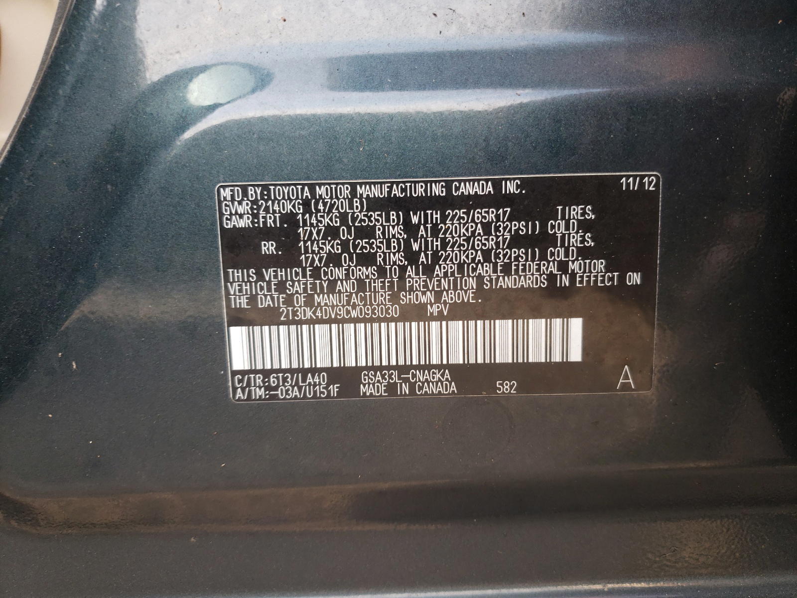 Photo 10 from auction – 2012 TOYOTA RAV4 LIMIT with VIN 2T3DK4DV9CW093030