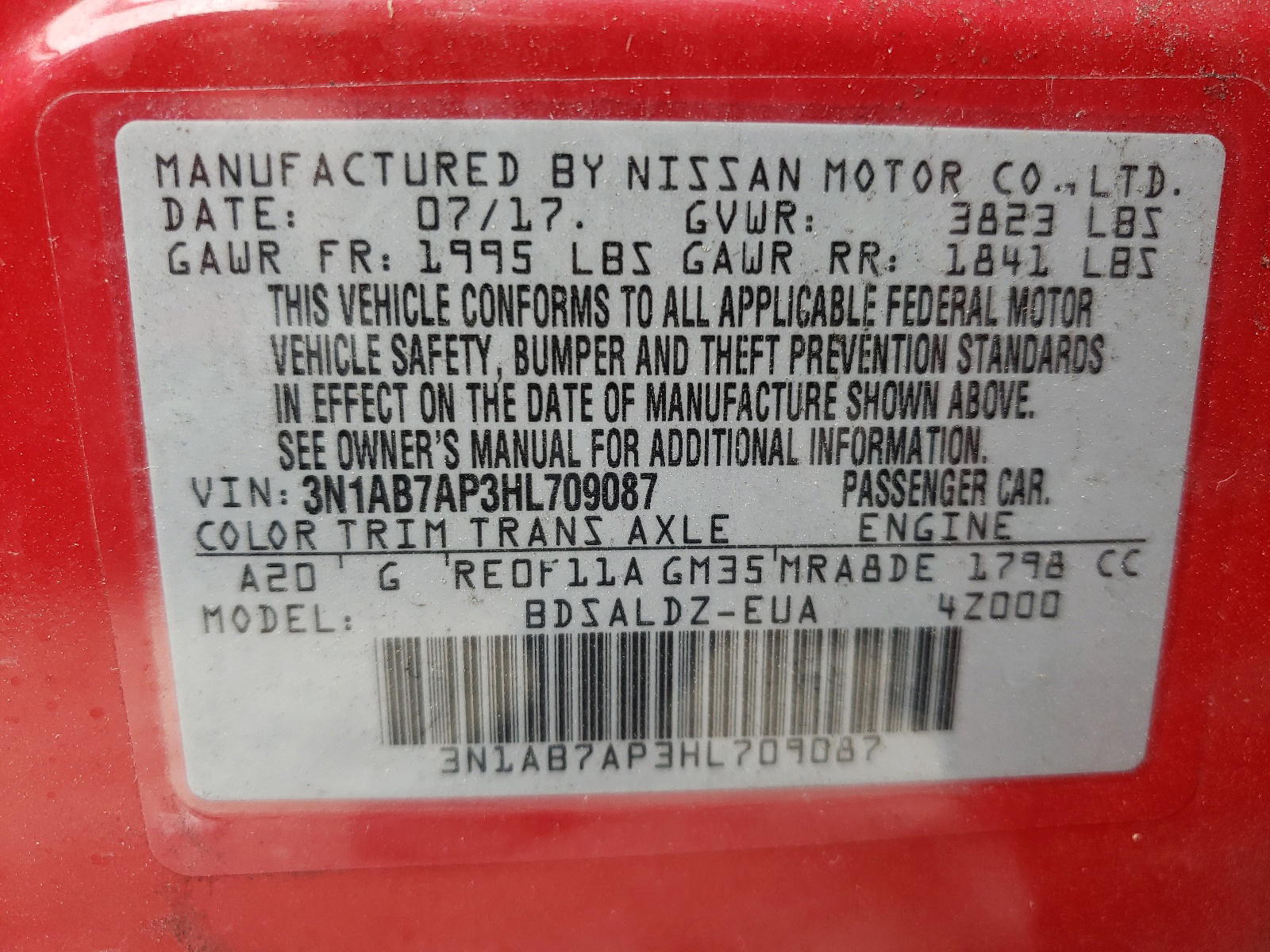 Photo 10 from auction – 2017 NISSAN SENTRA S with VIN 3N1AB7AP3HL709087