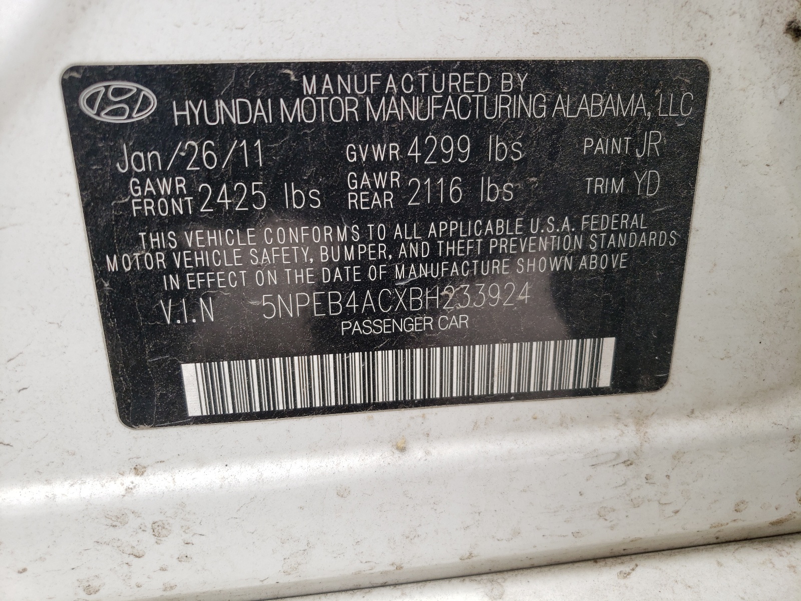 Photo 10 from auction – 2011 HYUNDAI SONATA GLS with VIN 5NPEB4ACXBH233924