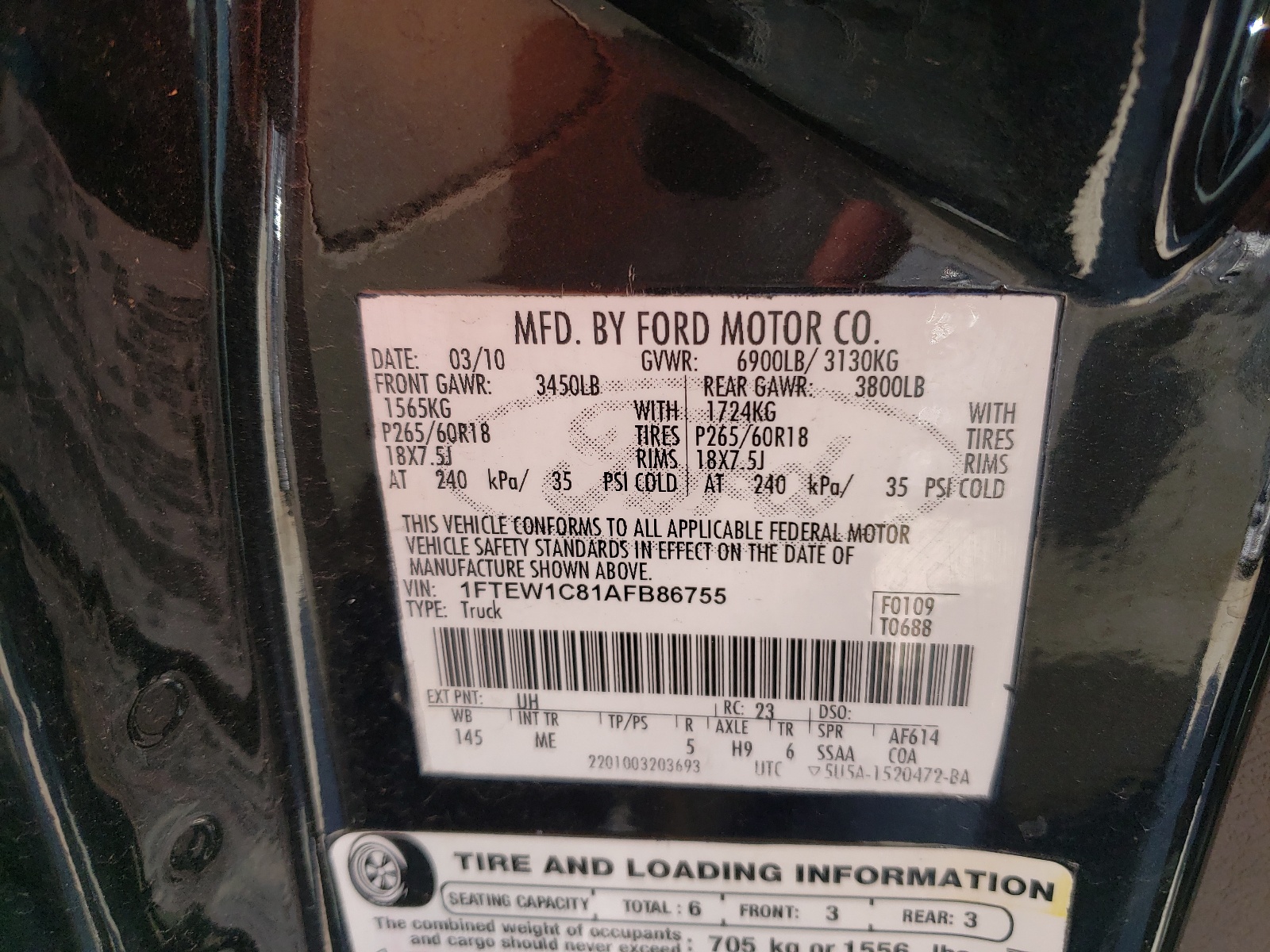 Photo 10 from auction – 2010 FORD F150 SUPER with VIN 1FTEW1C81AFB86755