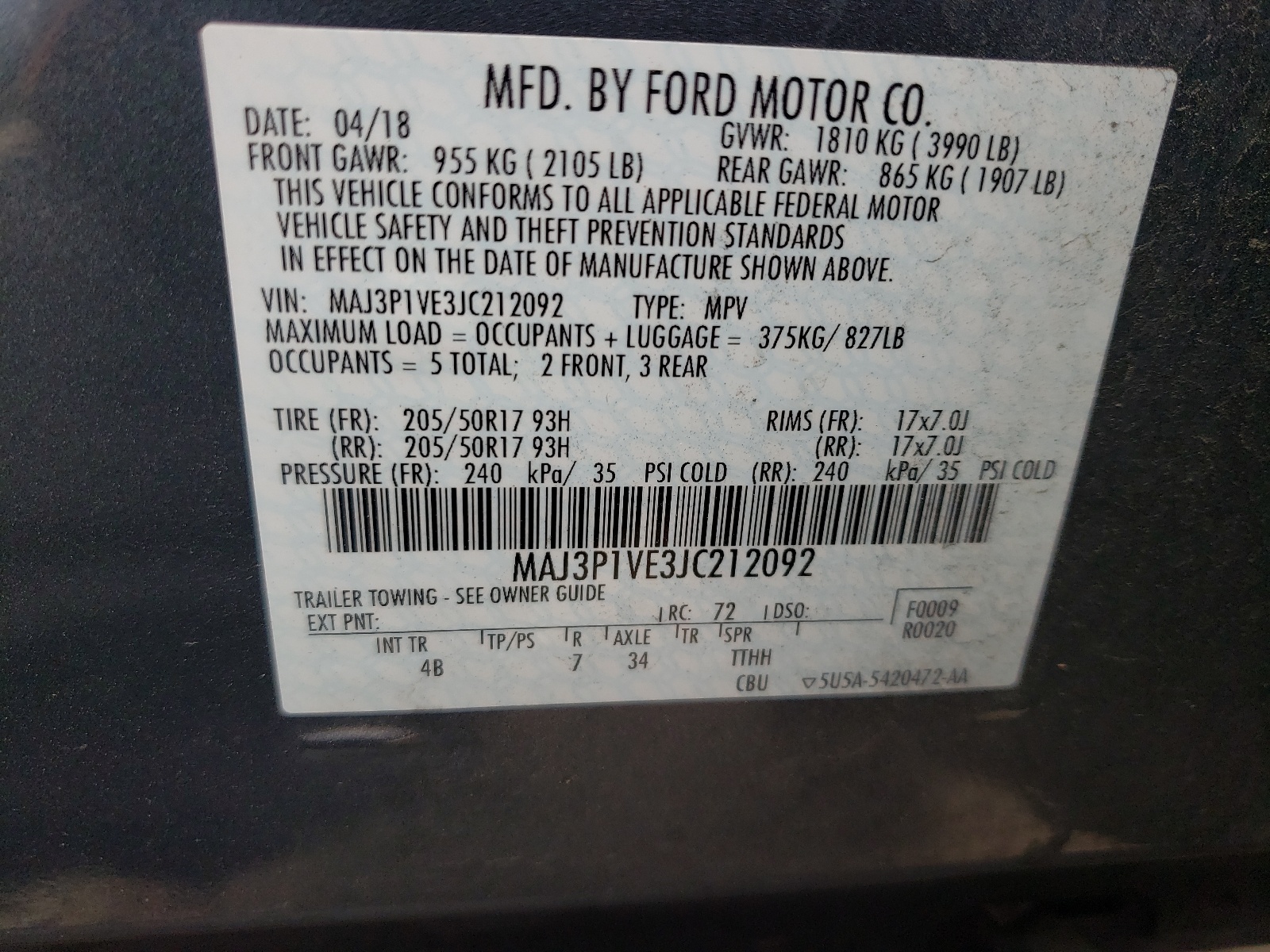 Photo 10 from auction – 2018 FORD ECOSPORT T with VIN MAJ3P1VE3JC212092