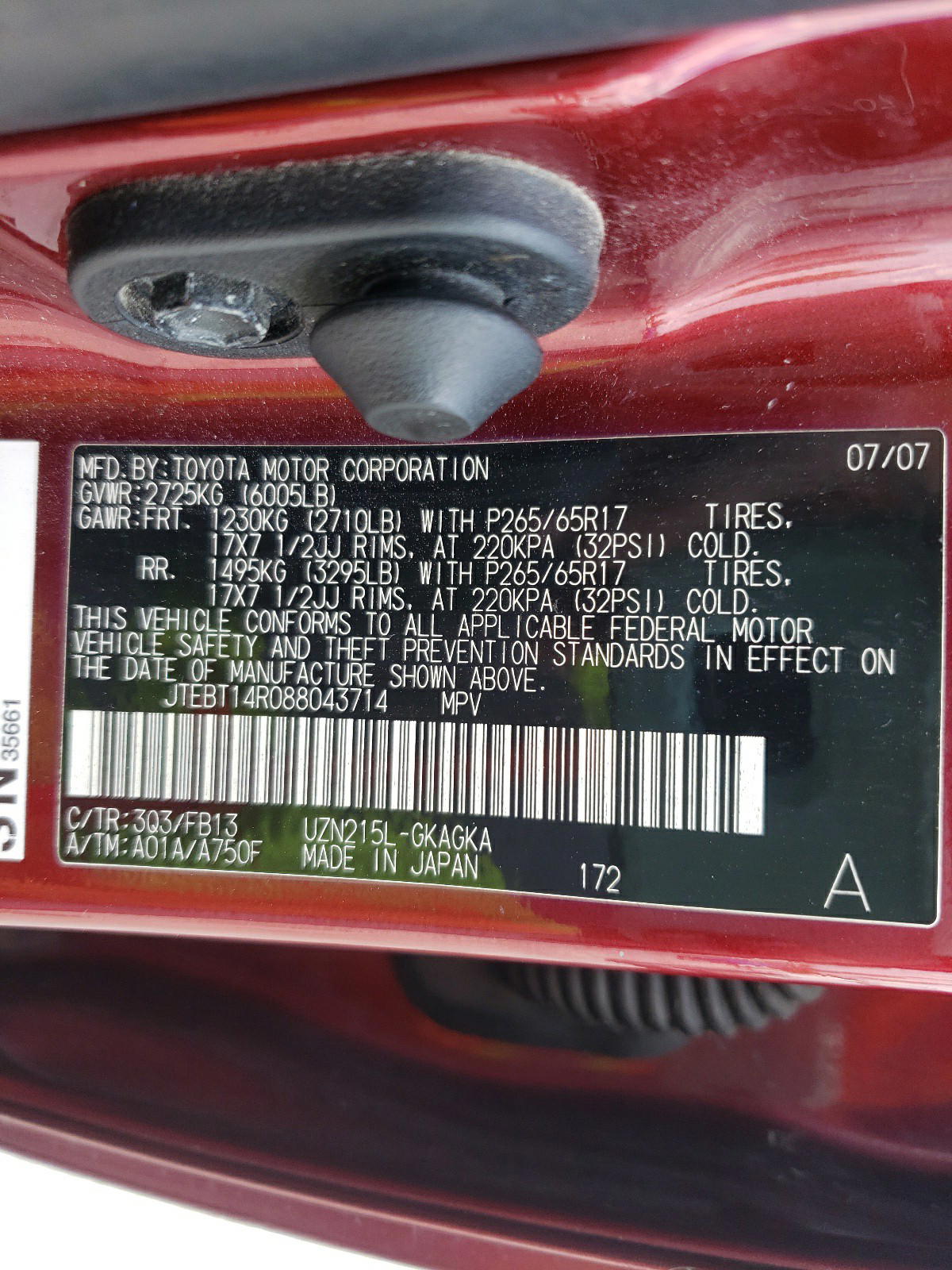 Photo 10 from auction – 2008 TOYOTA 4RUNNER SR with VIN JTEBT14R088043714