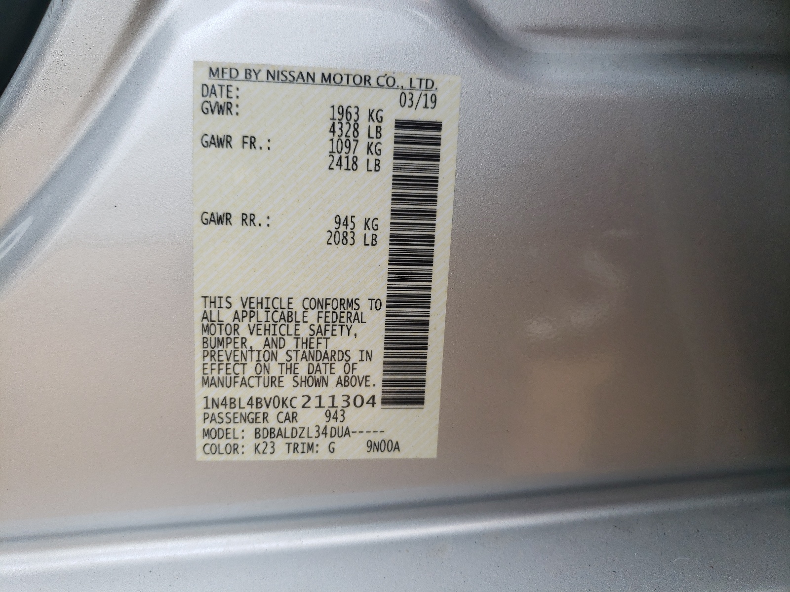 Photo 10 from auction – 2019 NISSAN ALTIMA S with VIN 1N4BL4BV0KC211304
