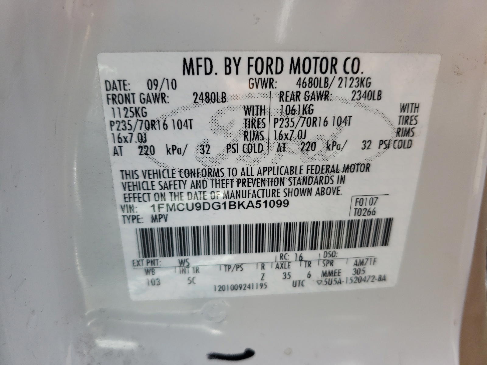 Photo 10 from auction – 2011 FORD ESCAPE XLT with VIN 1FMCU9DG1BKA51099