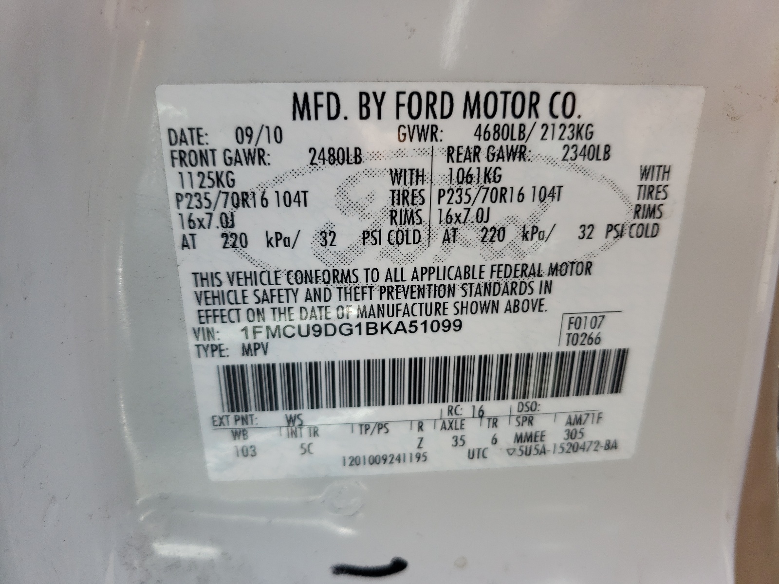 Zdjęcie 10 z aukcji – 2011 FORD ESCAPE XLT z VIN 1FMCU9DG1BKA51099