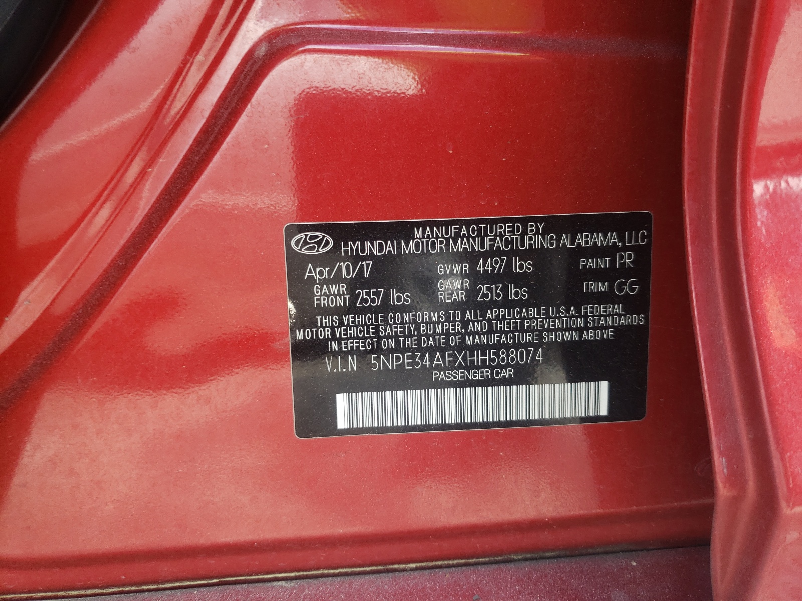 Photo 10 from auction – 2017 HYUNDAI SONATA SPO with VIN 5NPE34AFXHH588074