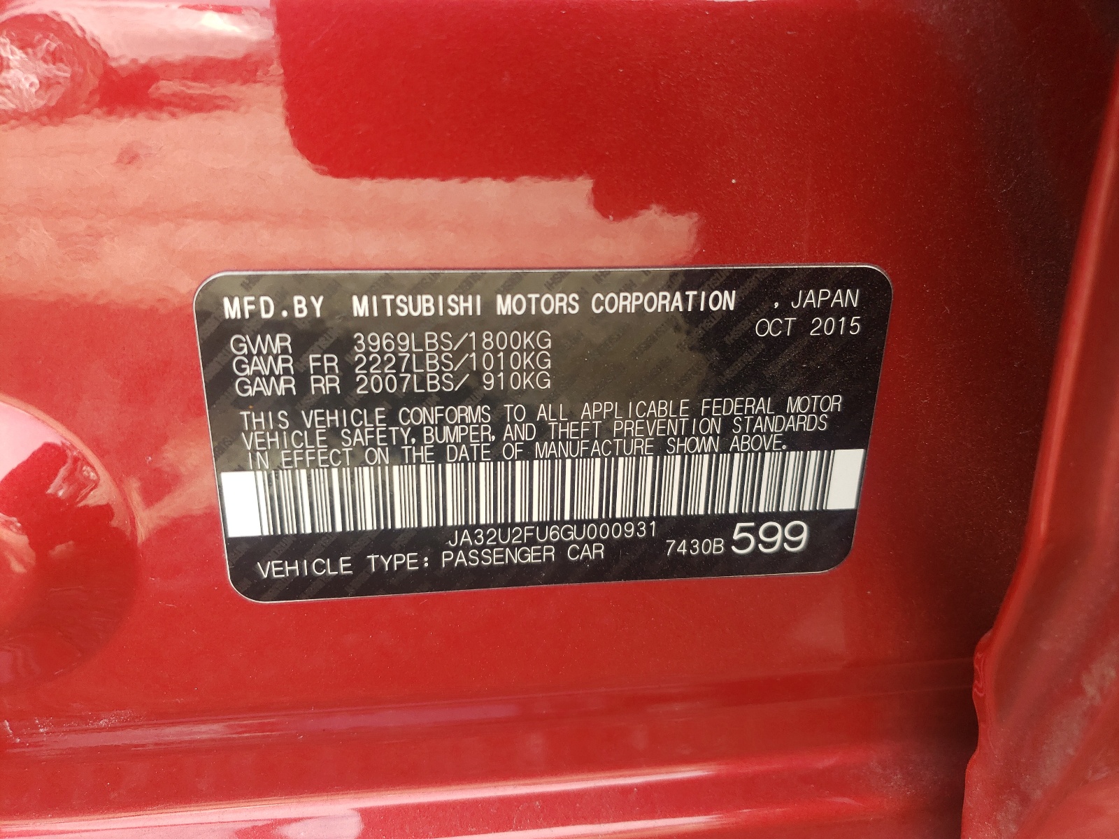Photo 10 from auction – 2016 MITSUBISHI LANCER ES with VIN JA32U2FU6GU000931