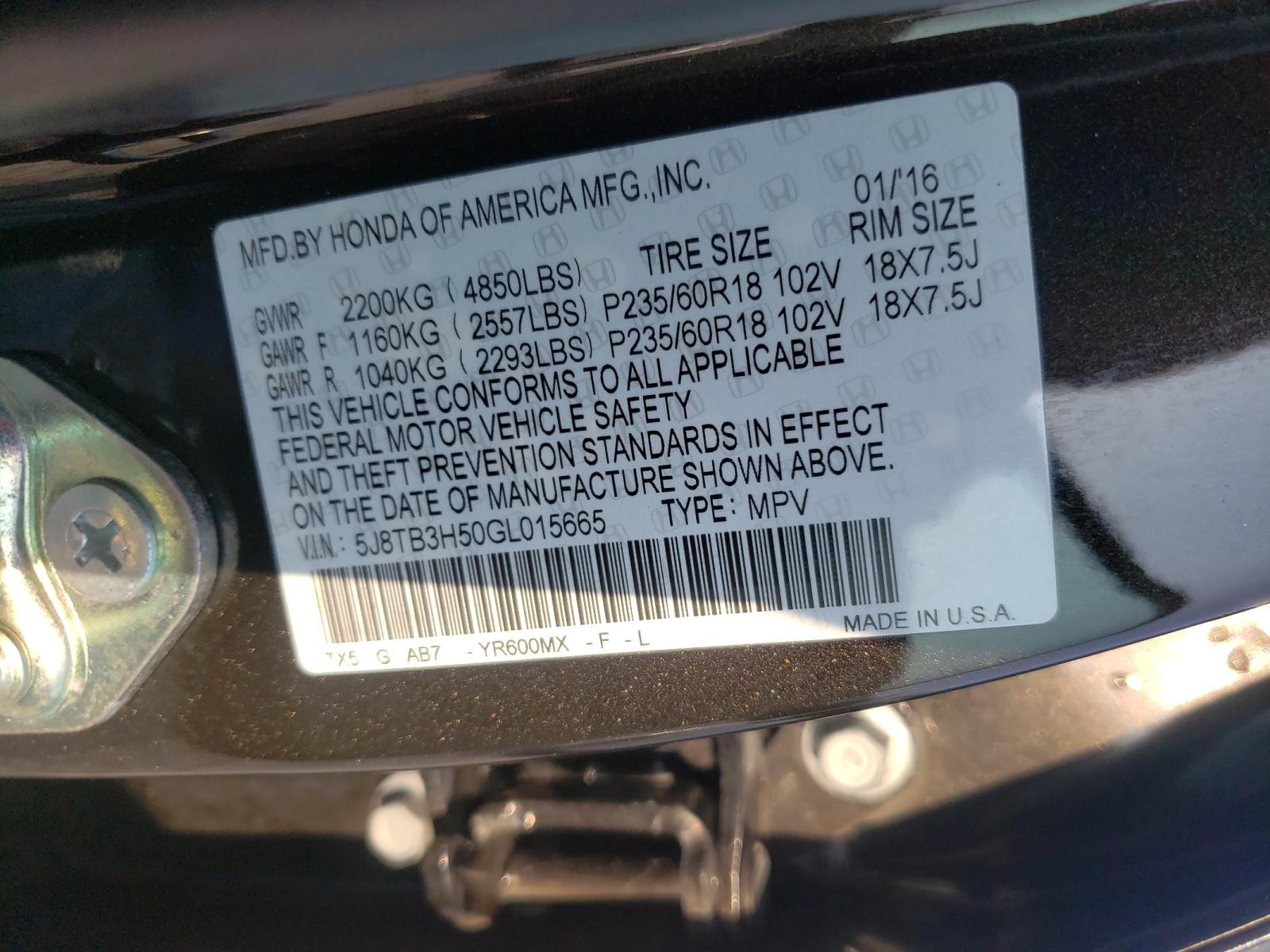 Photo 10 from auction – 2016 ACURA RDX TECHNO with VIN 5J8TB3H50GL015665