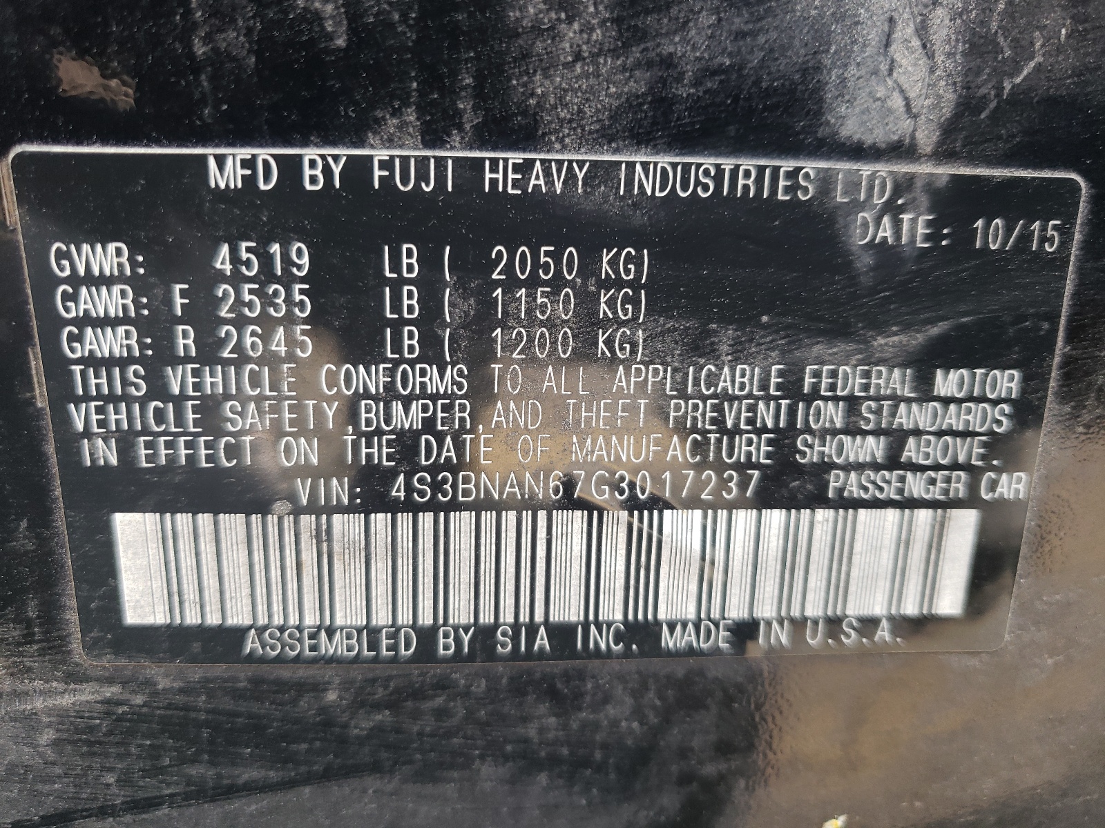 Photo 10 from auction – 2016 SUBARU LEGACY 2.5 with VIN 4S3BNAN67G3017237