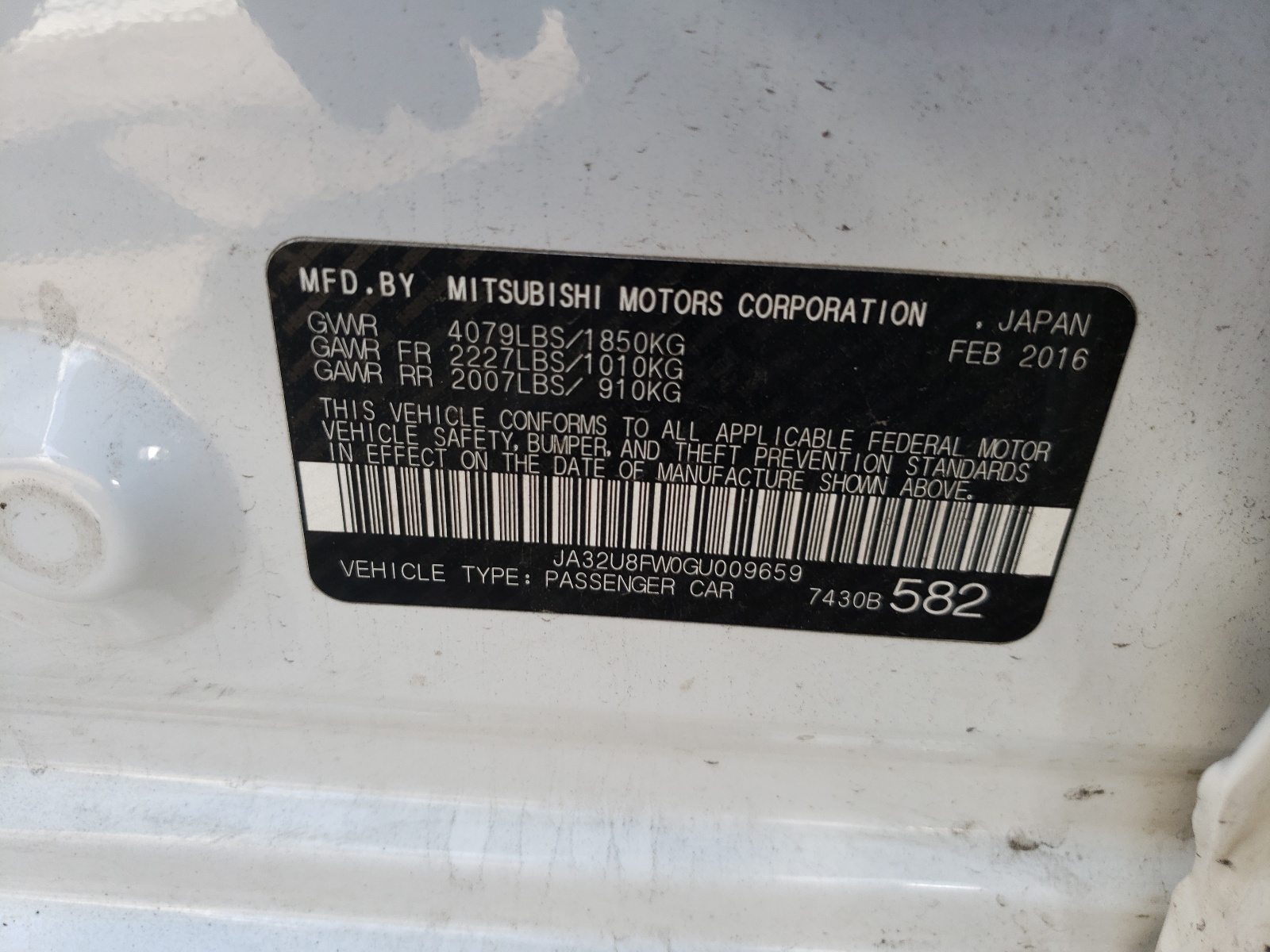 Photo 10 from auction – 2016 MITSUBISHI LANCER GT with VIN JA32U8FW0GU009659