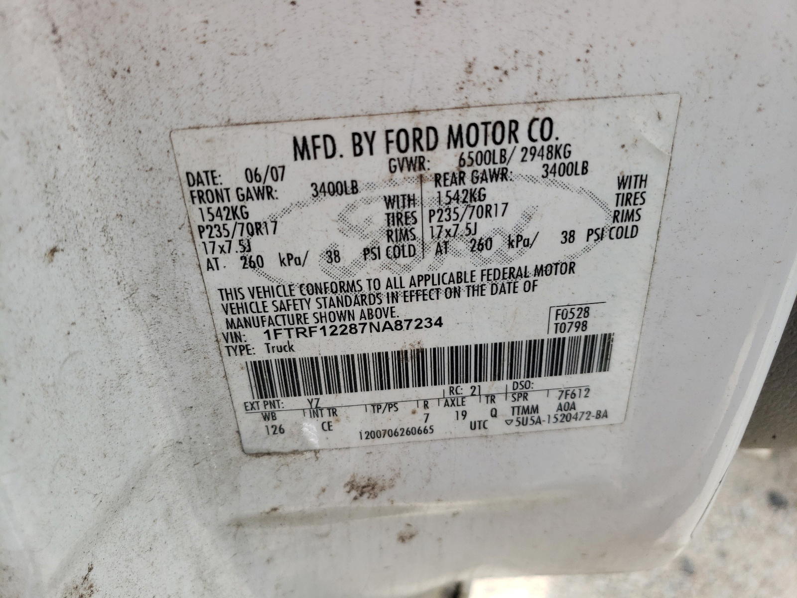 Photo 10 from auction – 2007 FORD F150 with VIN 1FTRF12287NA87234