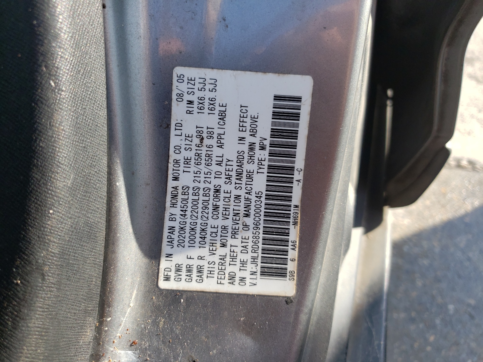 Photo 10 from auction – 2006 HONDA CR-V LX with VIN JHLRD68596C000345