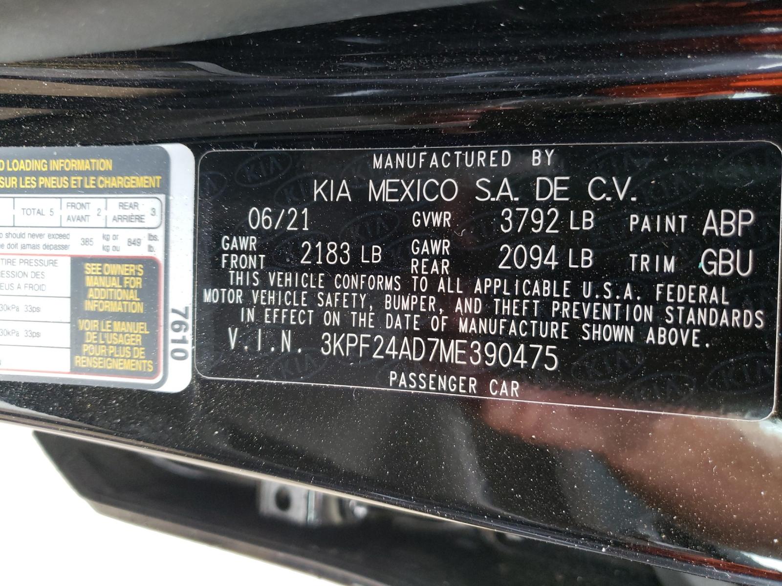 Photo 10 from auction – 2021 KIA FORTE FE with VIN 3KPF24AD7ME390475