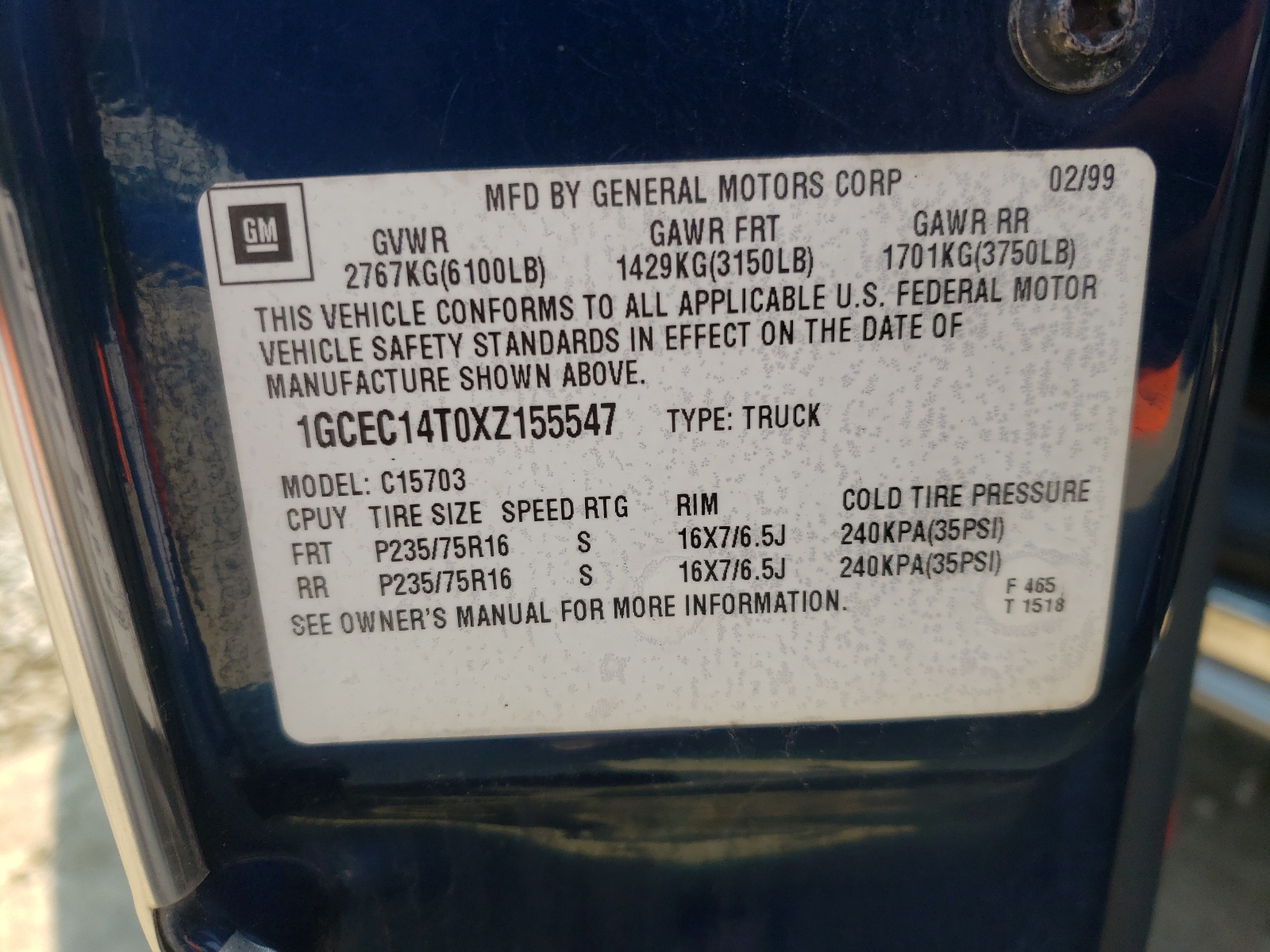 Photo 10 from auction – 1999 CHEVROLET SILVERADO with VIN 1GCEC14T0XZ155547