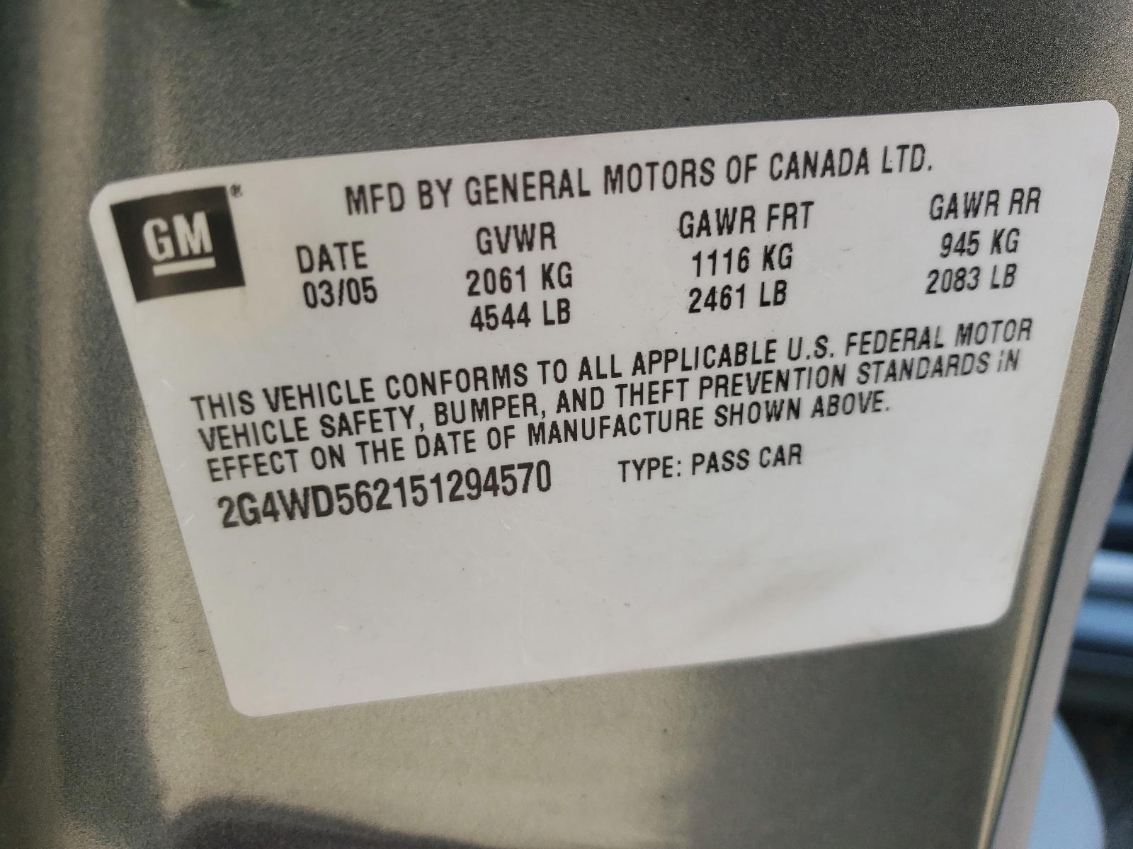 Photo 10 from auction – 2005 BUICK LACROSSE C with VIN 2G4WD562151294570