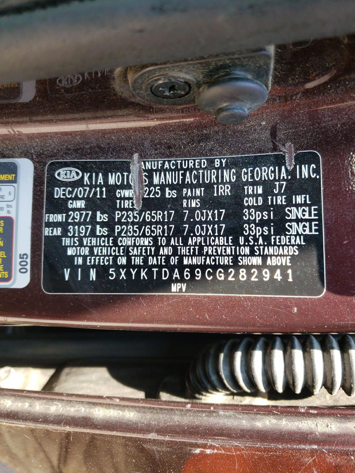 Photo 10 from auction – 2012 KIA SORENTO BA with VIN 5XYKTDA69CG282941