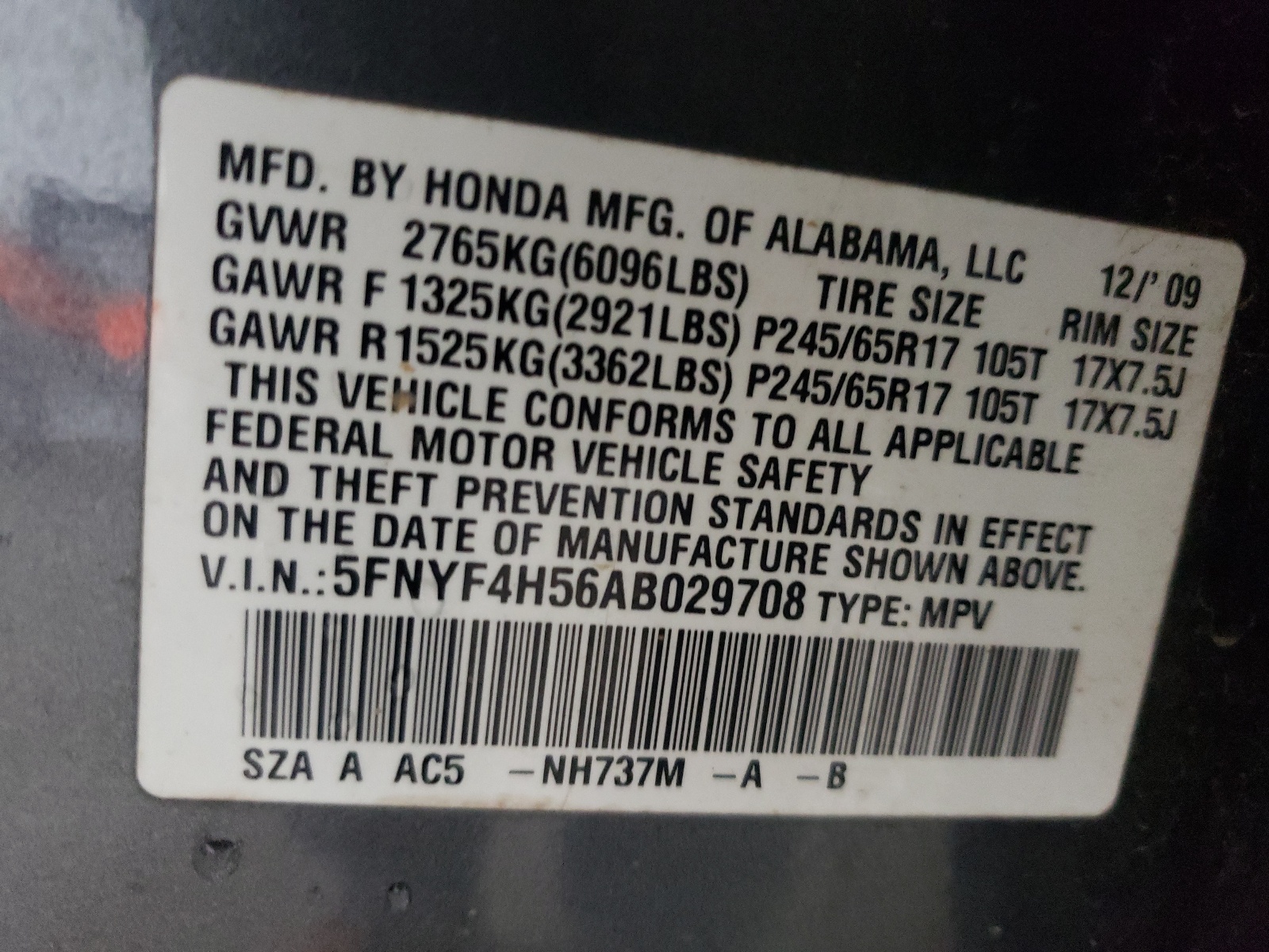 Photo 10 from auction – 2010 HONDA PILOT EXL with VIN 5FNYF4H56AB029708