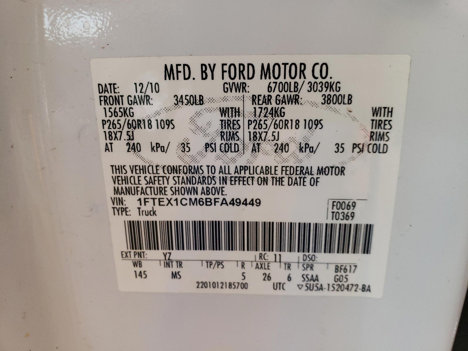 Photo 10 from auction – 2011 FORD F150 SUPER with VIN 1FTEX1CM6BFA49449