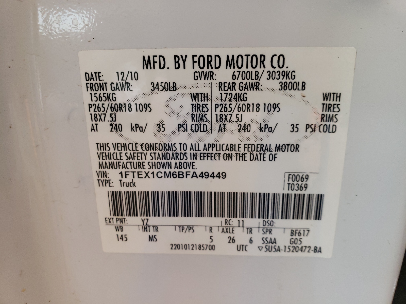 Zdjęcie 10 z aukcji – 2011 FORD F150 SUPER z VIN 1FTEX1CM6BFA49449
