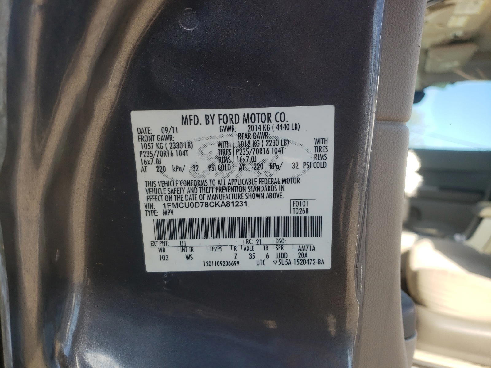 Photo 10 from auction – 2012 FORD ESCAPE XLT with VIN 1FMCU0D78CKA81231