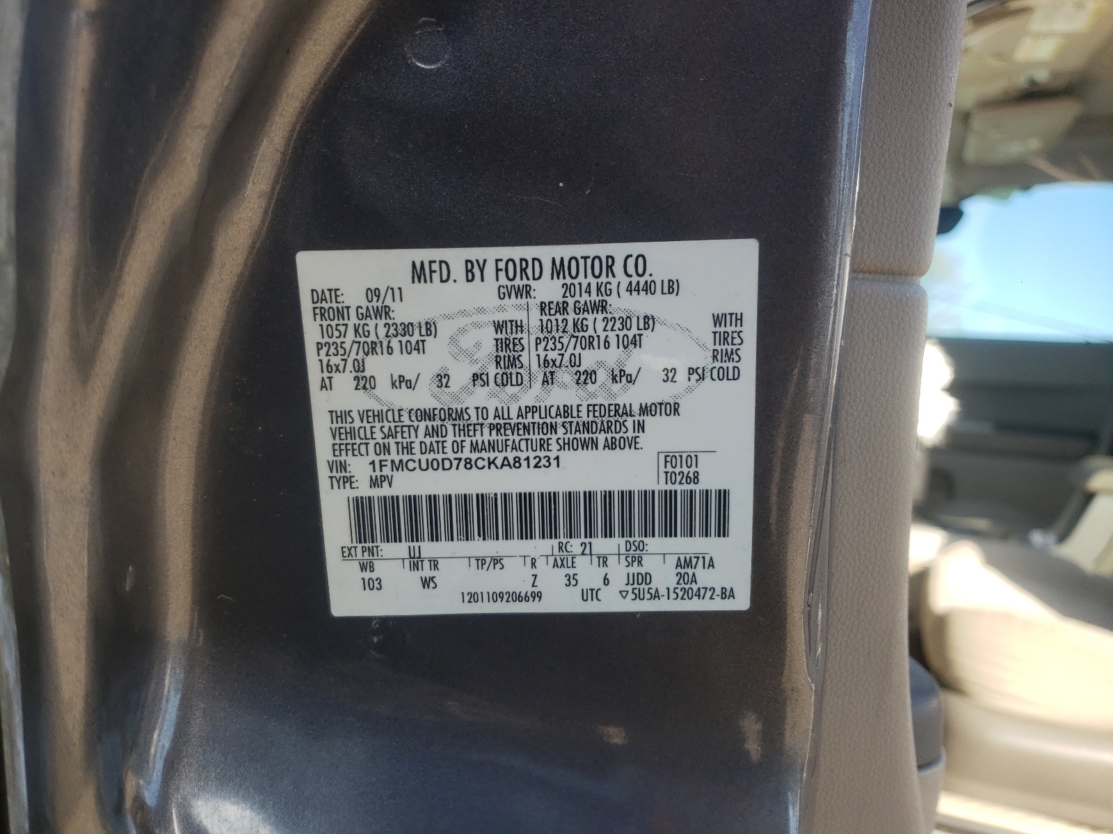 Foto 10 de la subasta – 2012 FORD ESCAPE XLT con VIN 1FMCU0D78CKA81231