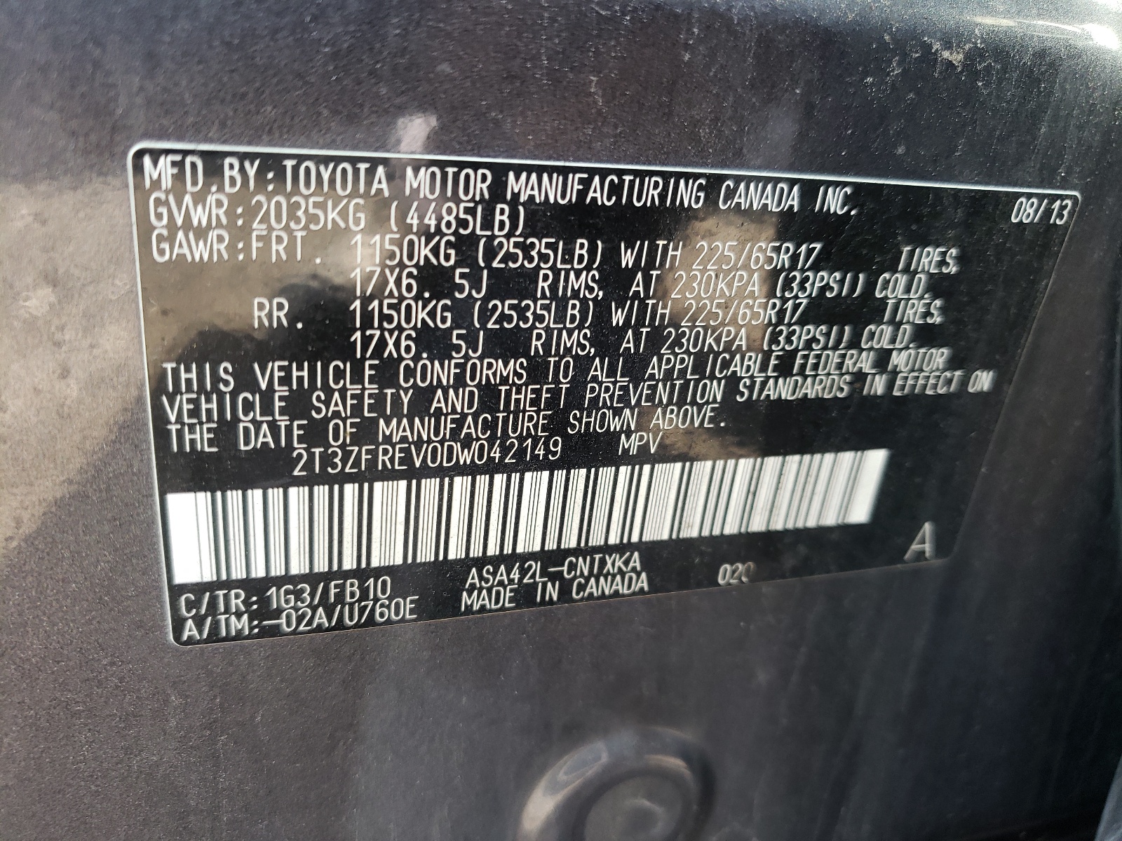 Photo 10 from auction – 2013 TOYOTA RAV4 LE with VIN 2T3ZFREV0DW042149
