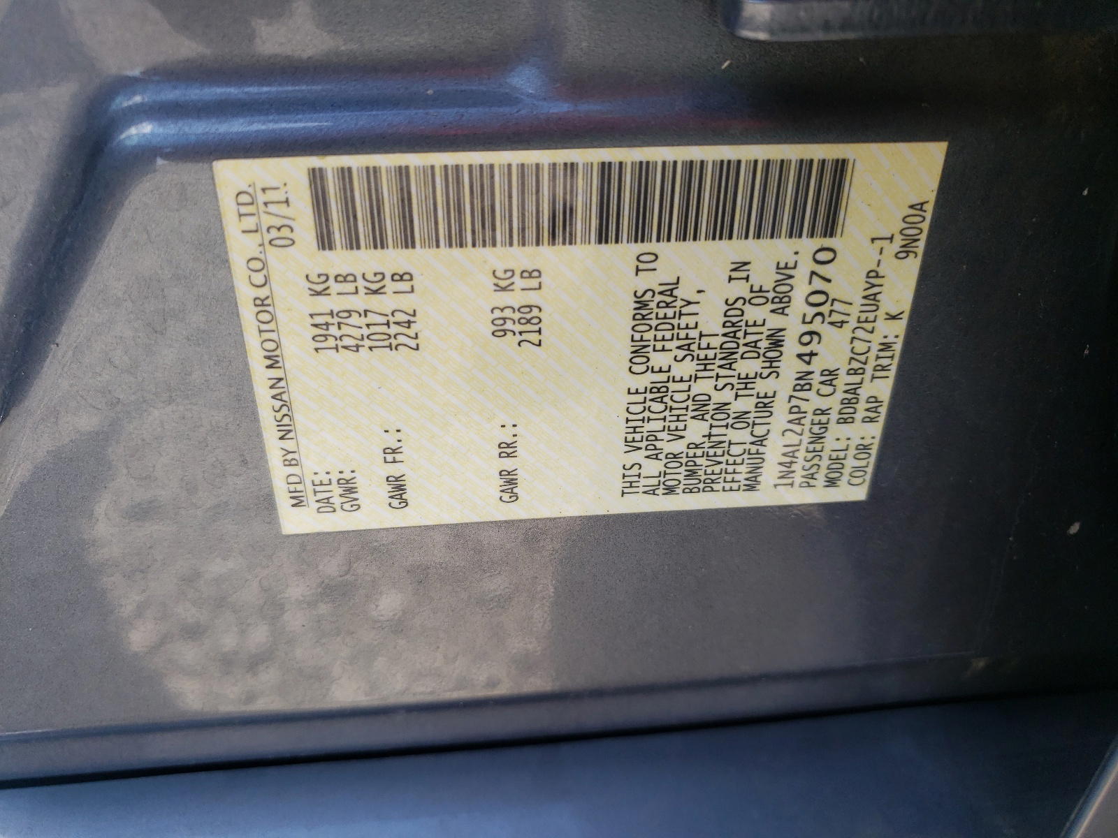 Photo 10 from auction – 2011 NISSAN ALTIMA BAS with VIN 1N4AL2AP7BN495070