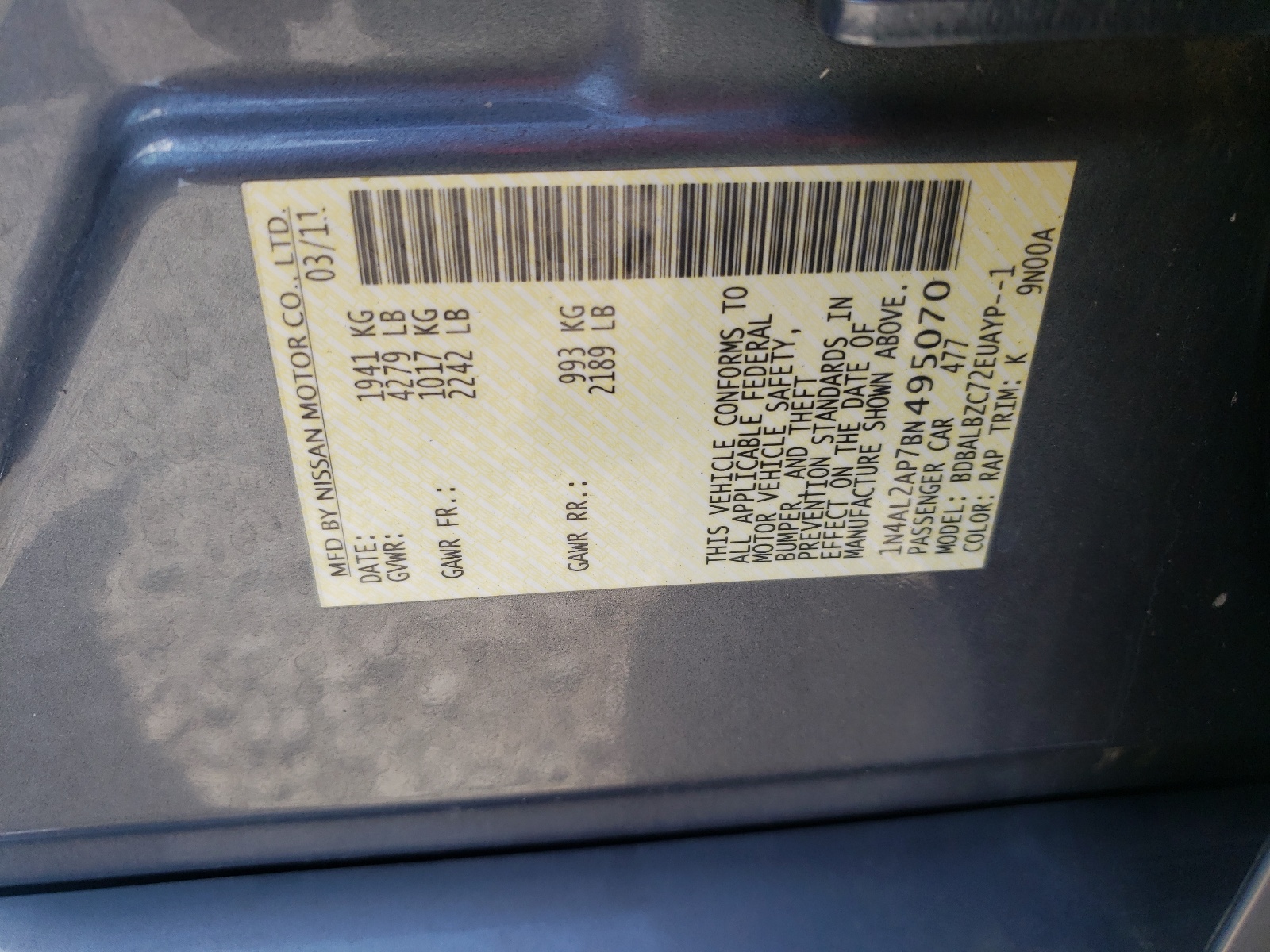 Zdjęcie 10 z aukcji – 2011 NISSAN ALTIMA BAS z VIN 1N4AL2AP7BN495070