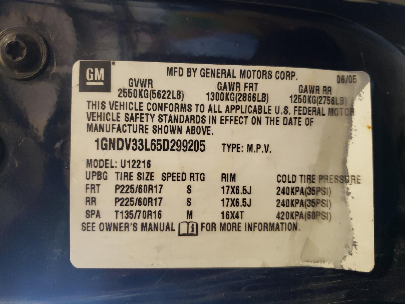 Photo 10 from auction – 2005 CHEVROLET UPLANDER L with VIN 1GNDV33L65D299205