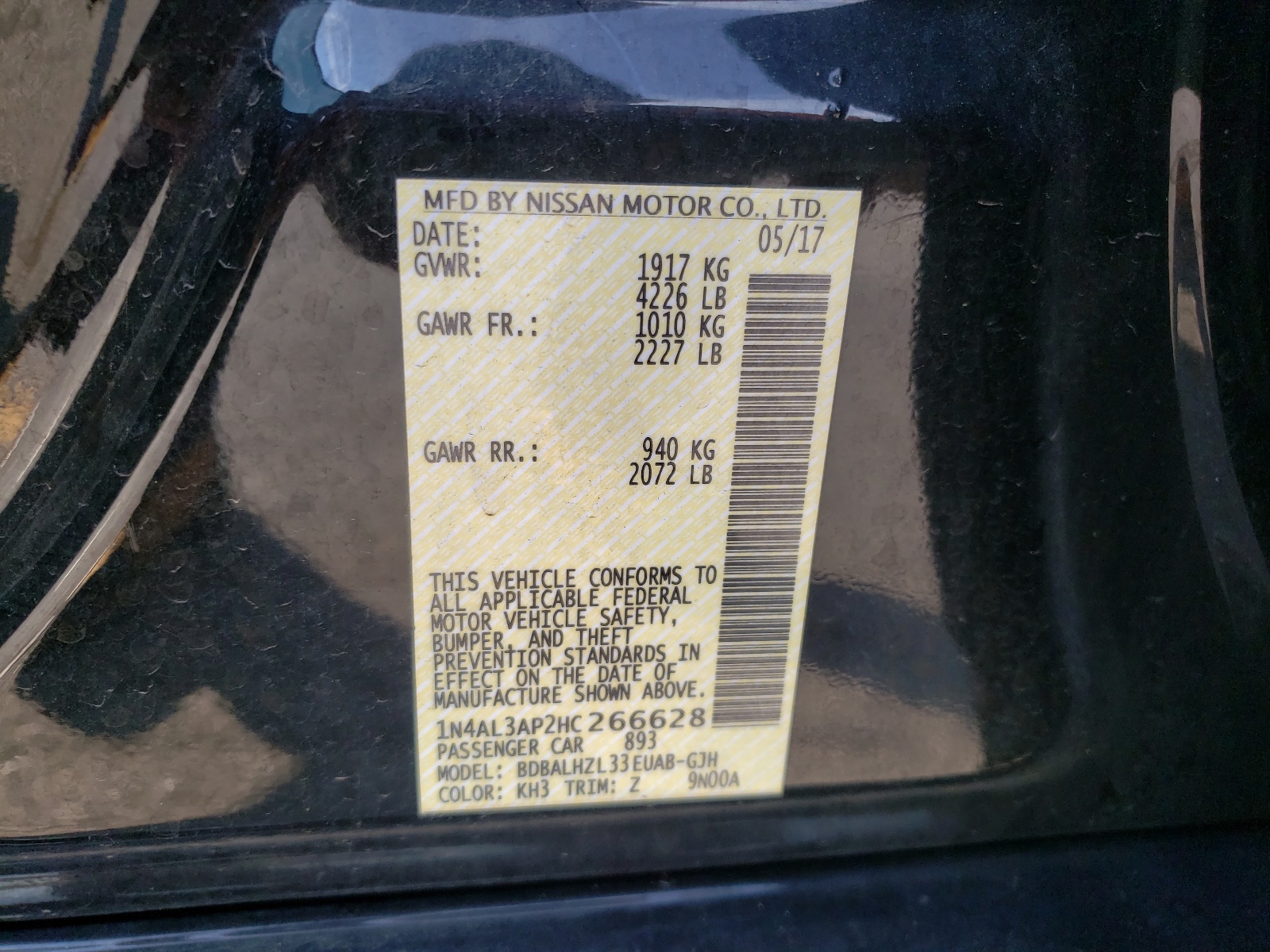 Photo 10 from auction – 2017 NISSAN ALTIMA 2.5 with VIN 1N4AL3AP2HC266628