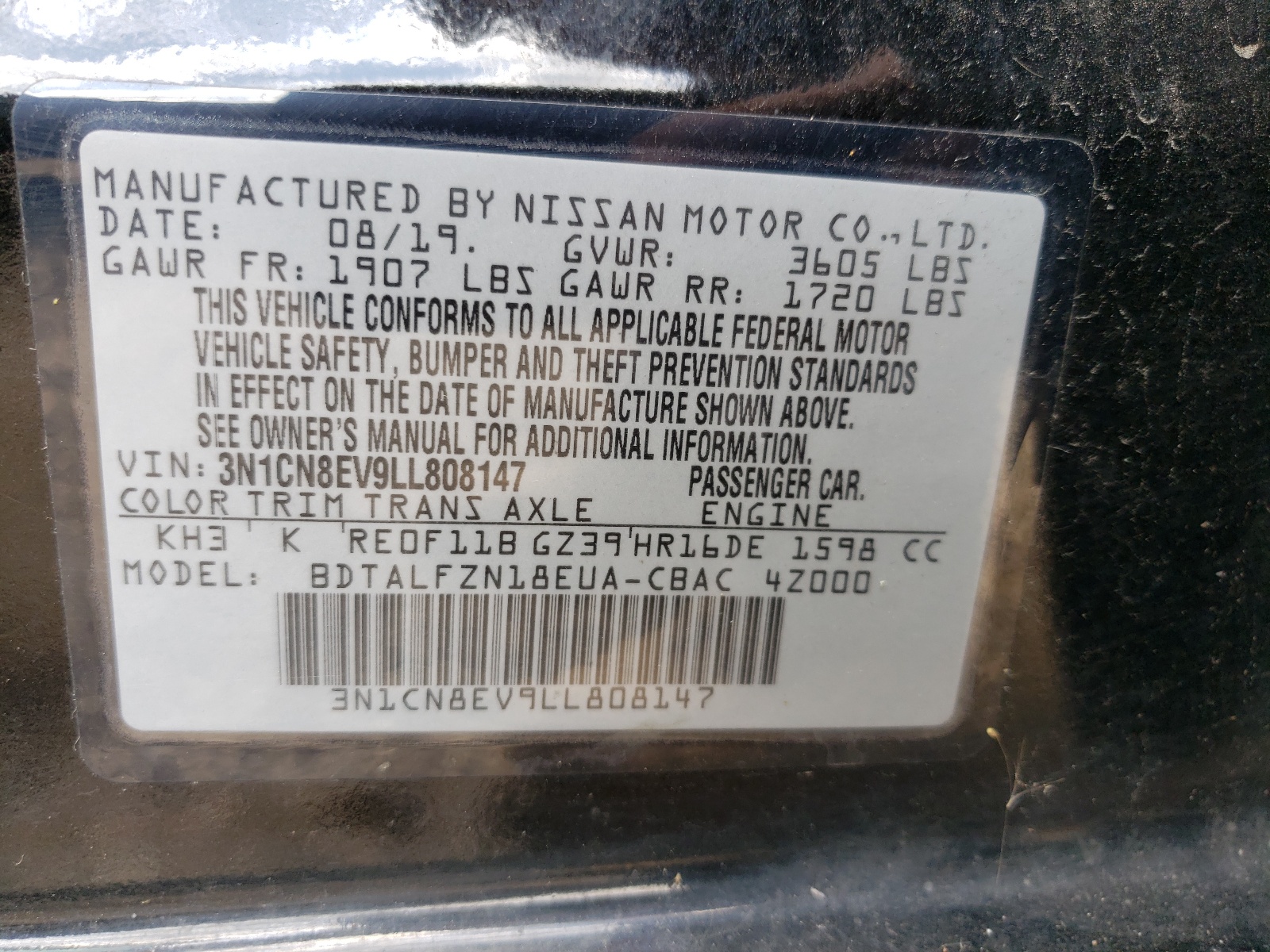 Photo 10 from auction – 2020 NISSAN VERSA SV with VIN 3N1CN8EV9LL808147