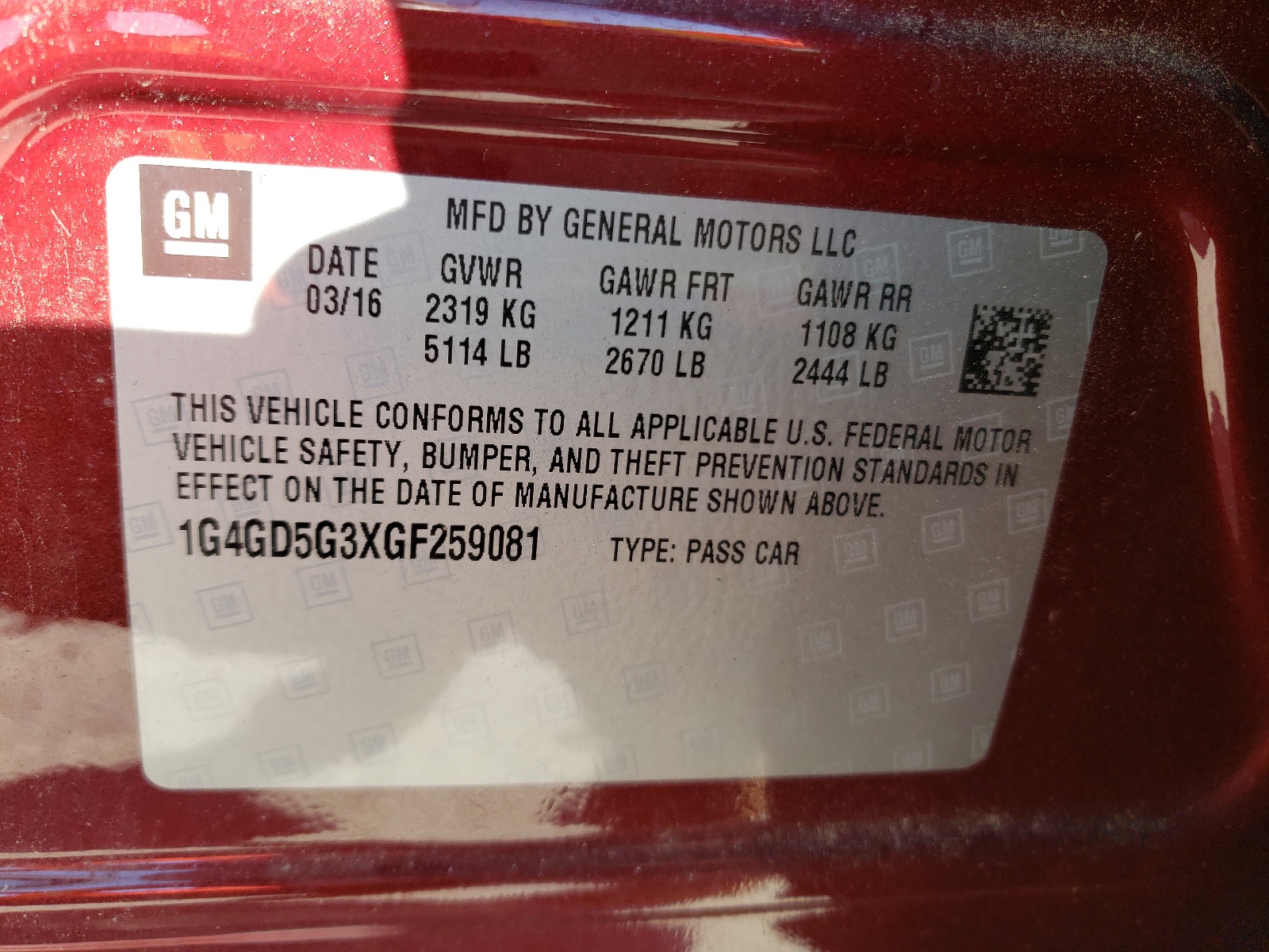 Photo 10 from auction – 2016 BUICK LACROSSE P with VIN 1G4GD5G3XGF259081