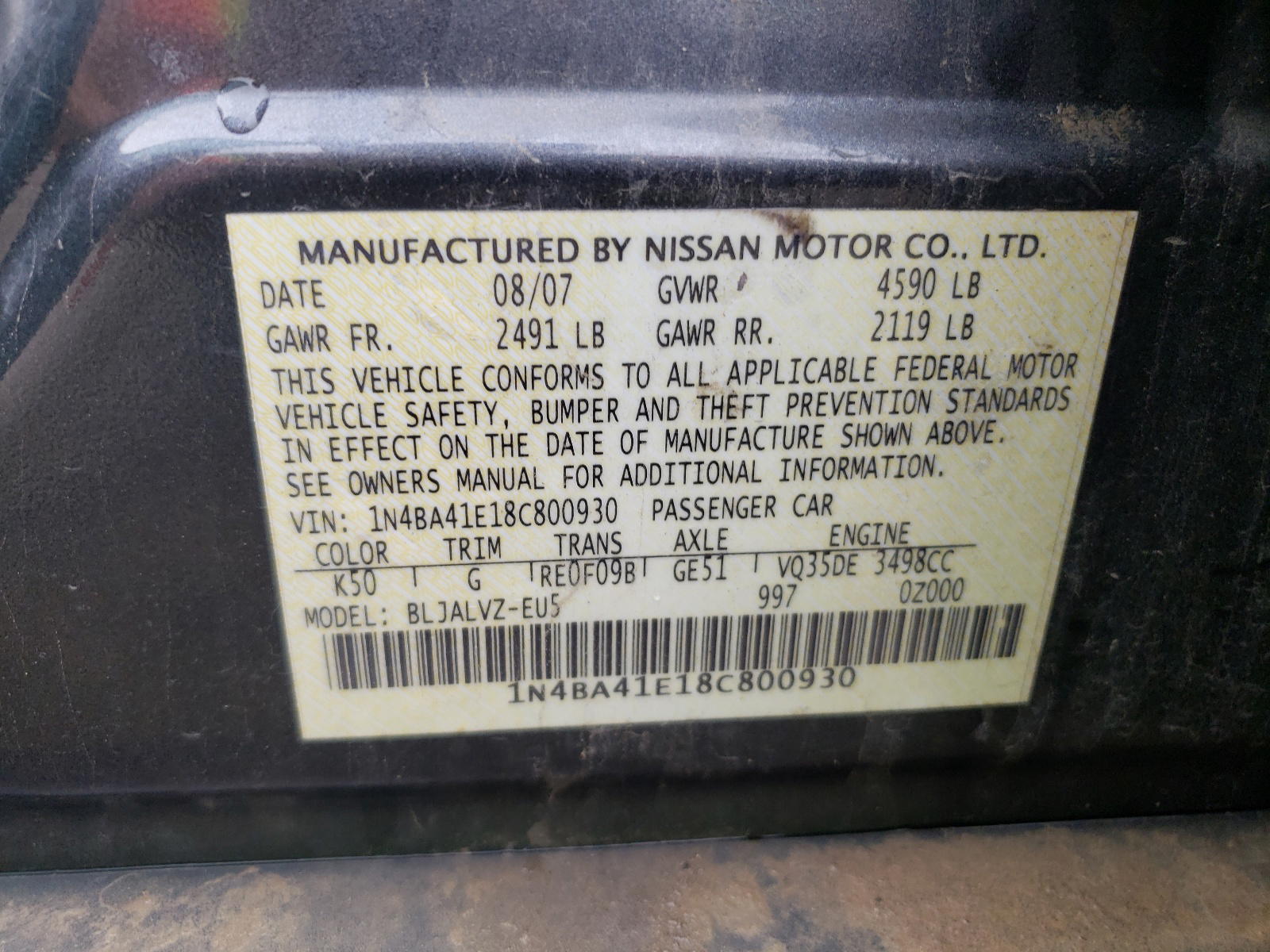 Photo 10 from auction – 2008 NISSAN MAXIMA SE with VIN 1N4BA41E18C800930