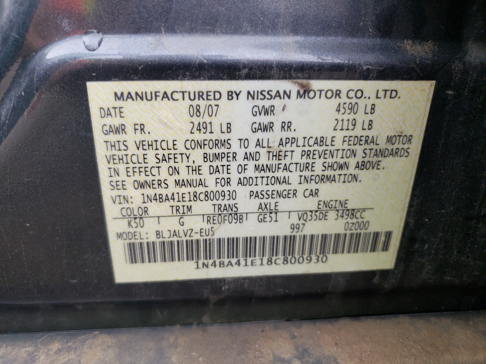 Foto 10 de la subasta – 2008 NISSAN MAXIMA SE con VIN 1N4BA41E18C800930