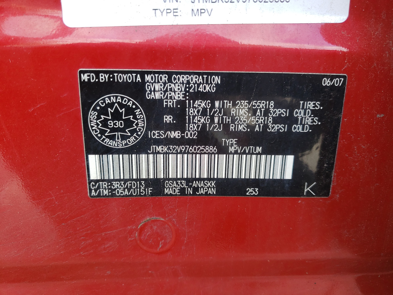 Photo 10 from auction – 2007 TOYOTA RAV4 with VIN JTMBK32V976025886