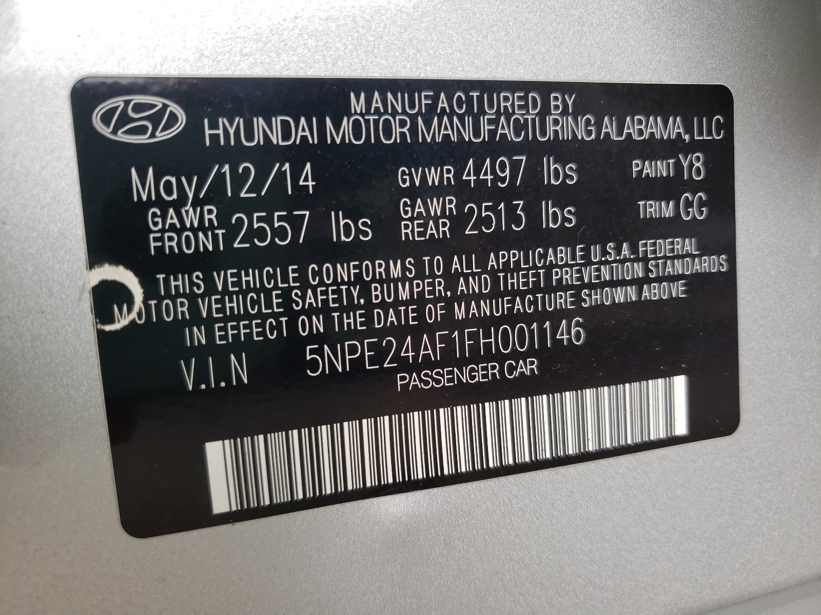 Photo 10 from auction – 2015 HYUNDAI SONATA SE with VIN 5NPE24AF1FH001146