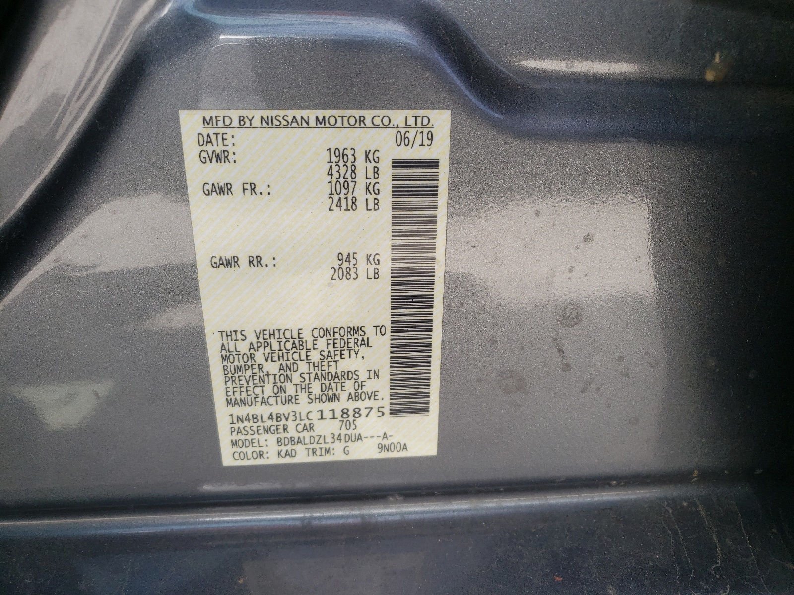 Photo 10 from auction – 2020 NISSAN ALTIMA S with VIN 1N4BL4BV3LC118875