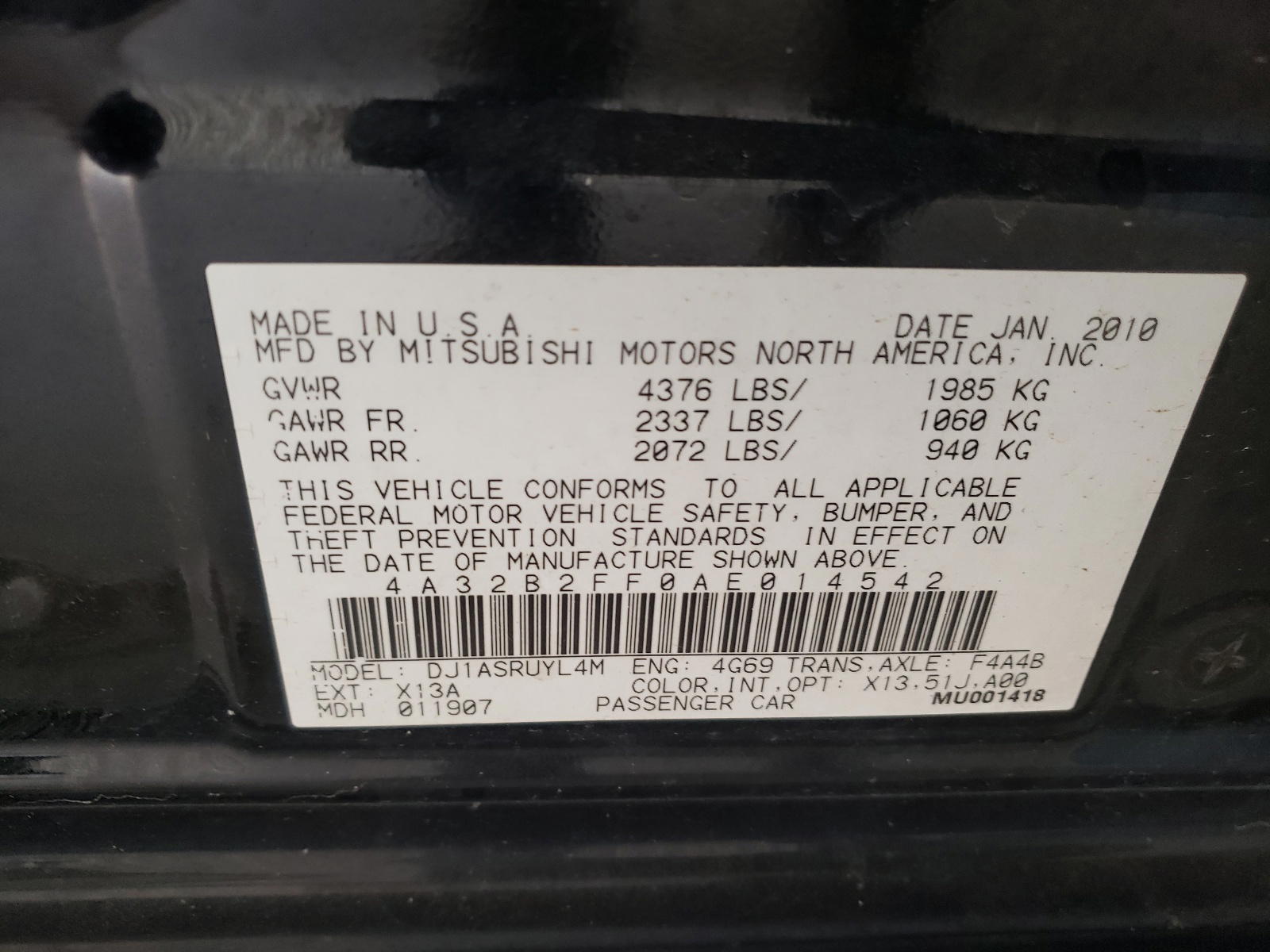 Photo 10 from auction – 2010 MITSUBISHI GALANT FE with VIN 4A32B2FF0AE014542
