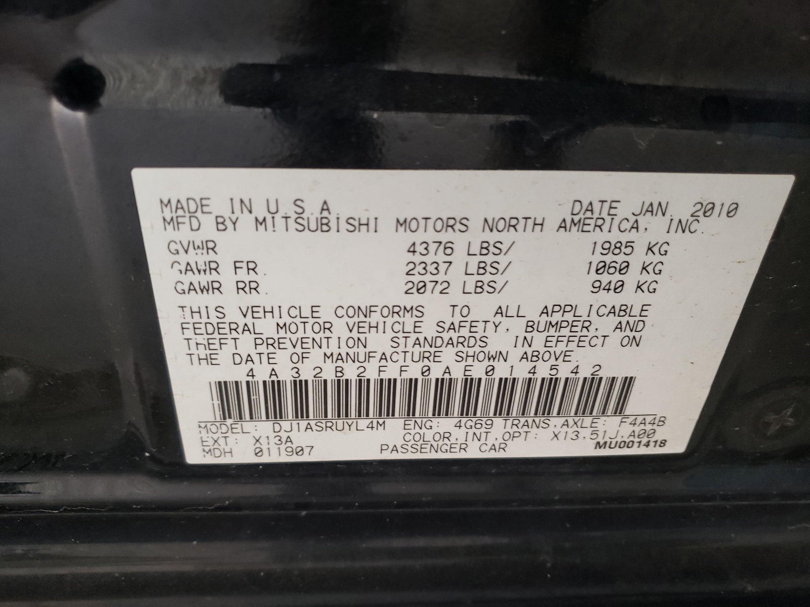 صورة رقم 10 من المزاد - 2010 MITSUBISHI GALANT FE مع VIN 4A32B2FF0AE014542