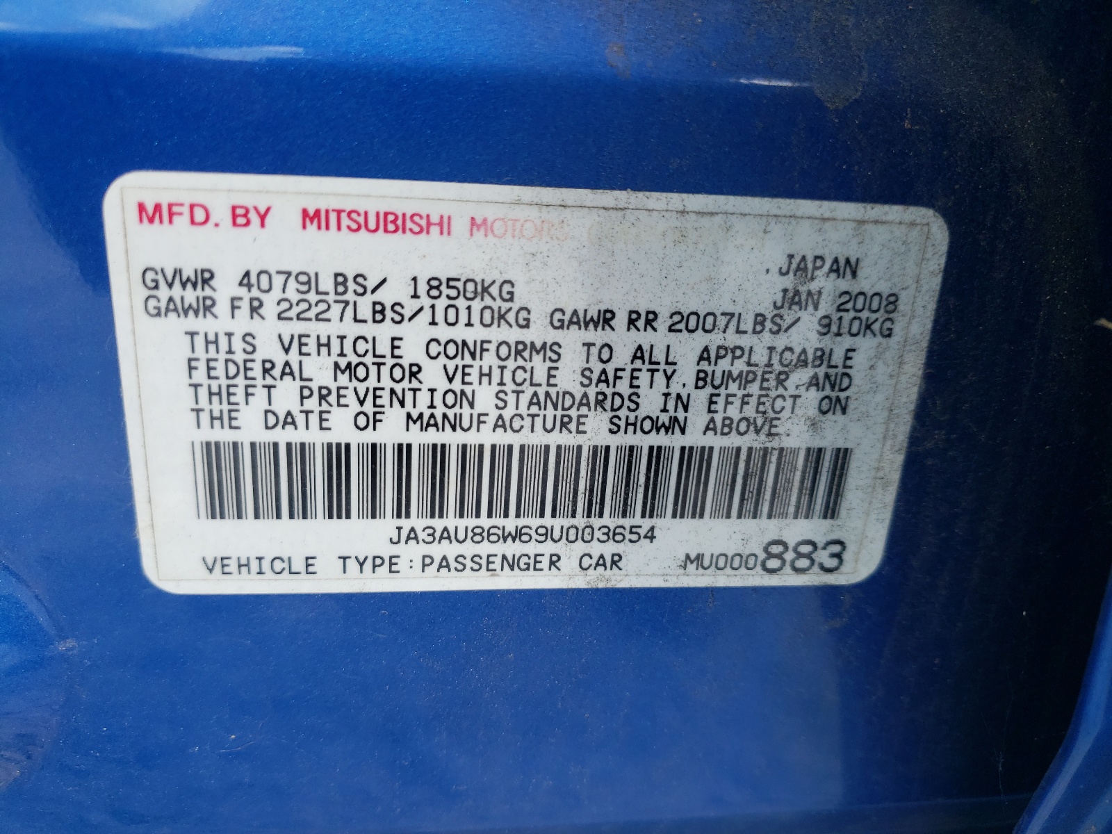 Photo 10 from auction – 2008 MITSUBISHI LANCER with VIN JA3AU86W69U003654