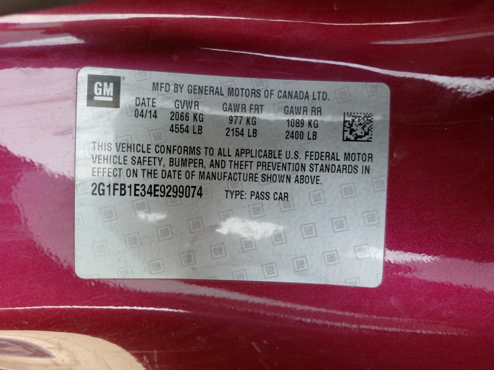 Photo 10 from auction – 2014 CHEVROLET CAMARO LT with VIN 2G1FB1E34E9299074