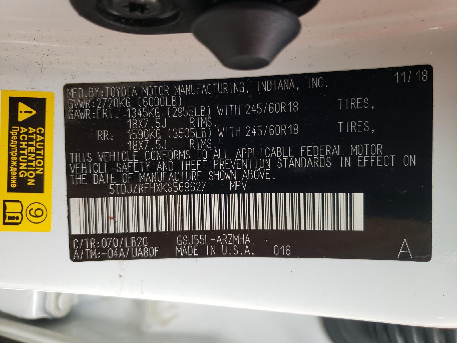 Photo 10 from auction – 2019 TOYOTA HIGHLANDER with VIN 5TDJZRFHXKS569627