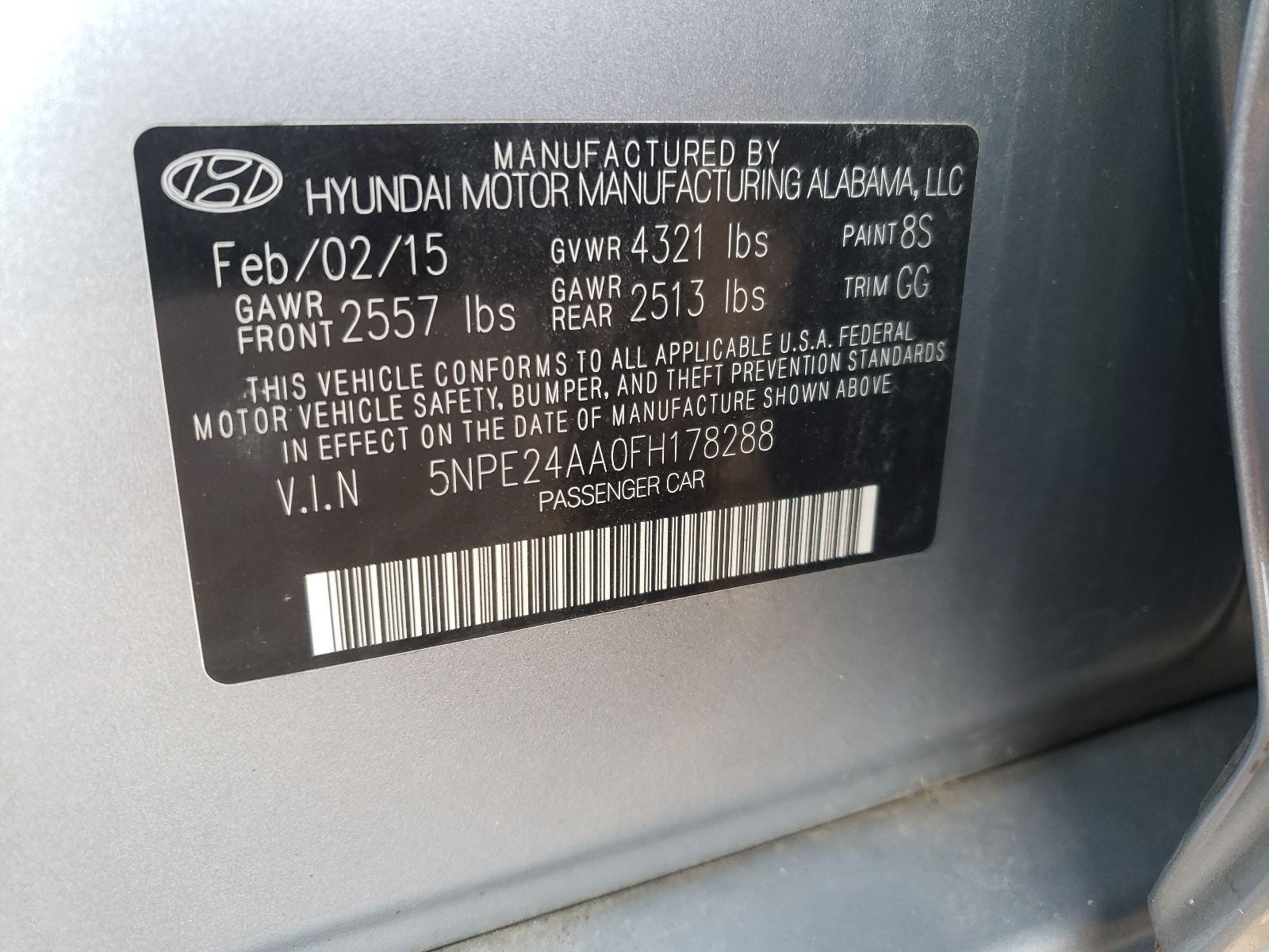 Photo 10 from auction – 2015 HYUNDAI SONATA ECO with VIN 5NPE24AA0FH178288