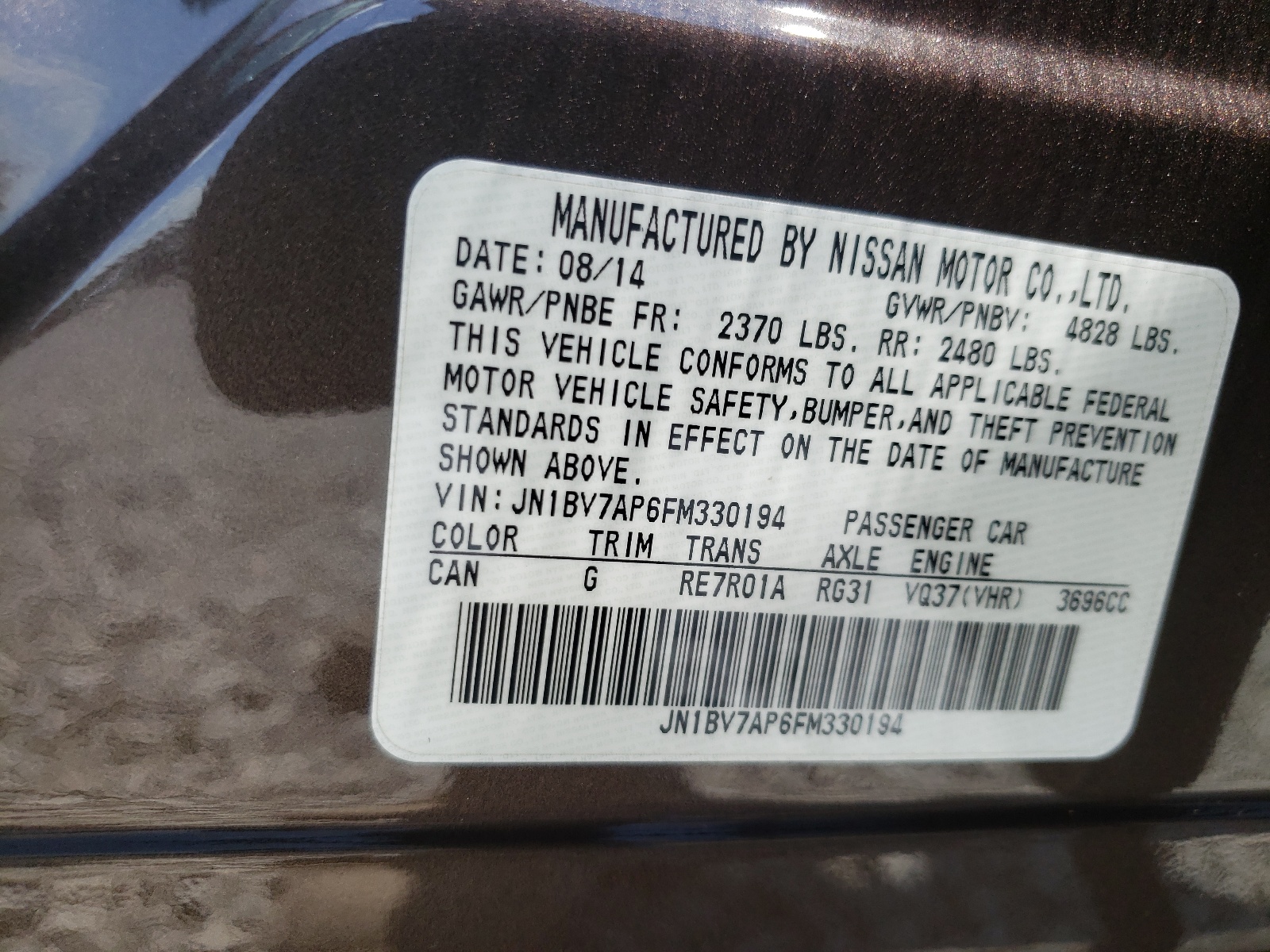 Photo 10 from auction – 2015 INFINITI Q50 BASE with VIN JN1BV7AP6FM330194