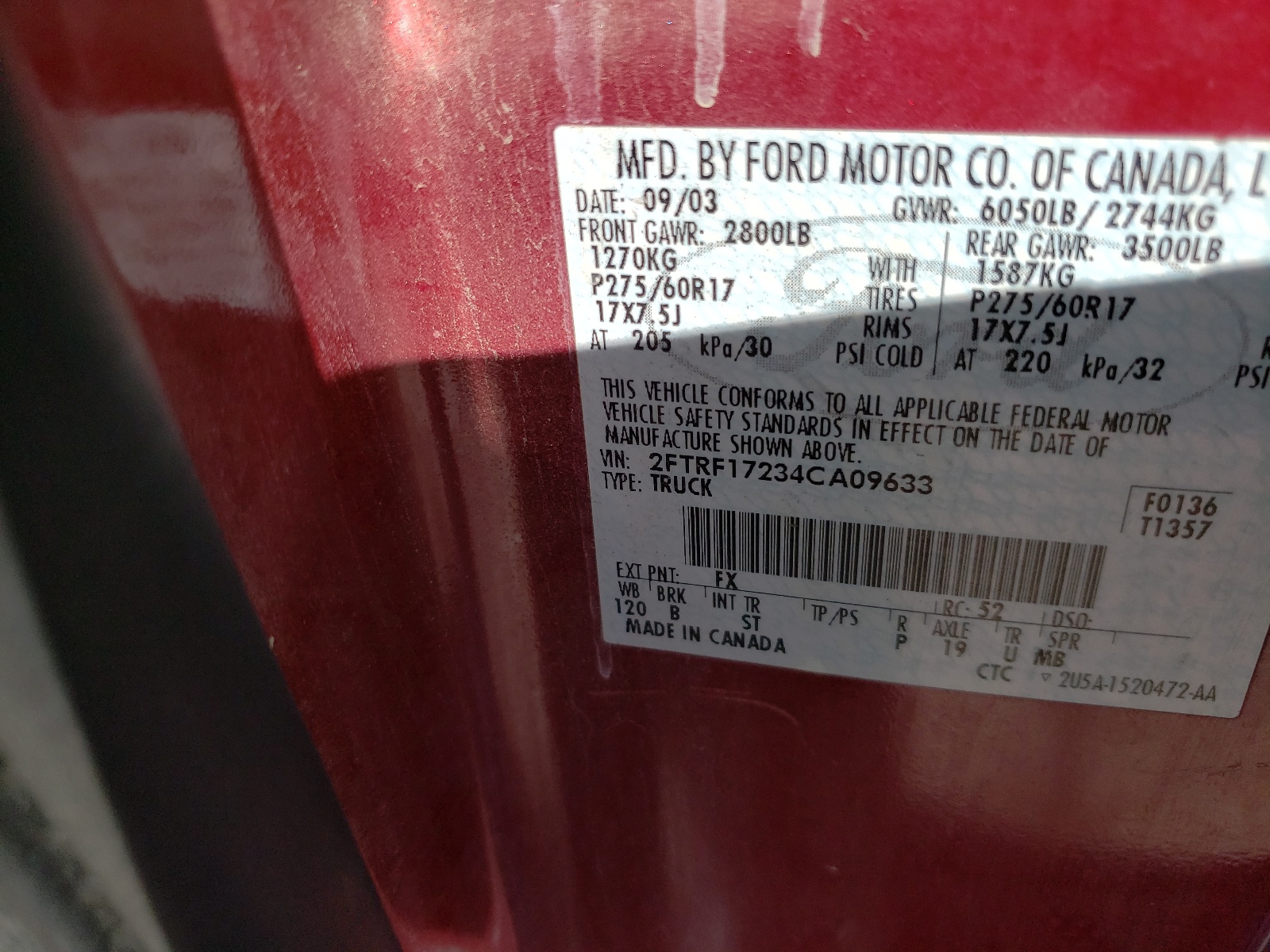 Photo 10 from auction – 2004 FORD F-150 HERI with VIN 2FTRF17234CA09633