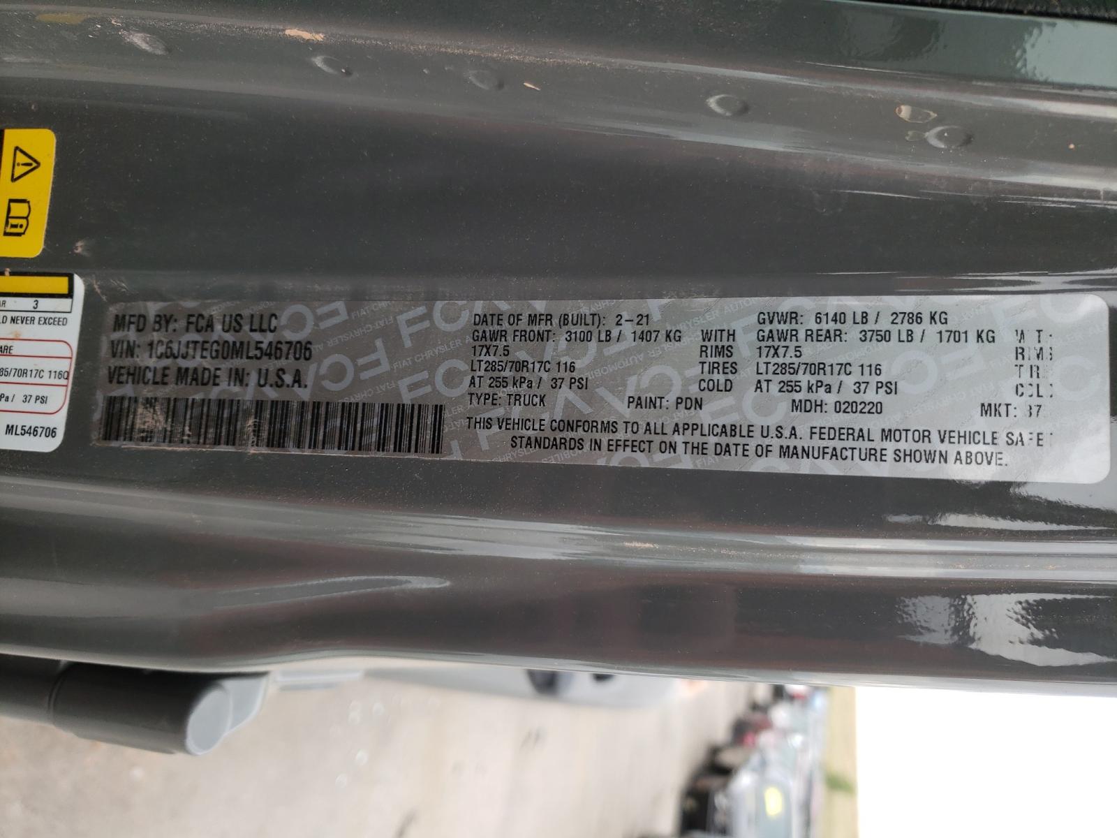 Photo 10 from auction – 2021 JEEP GLADIATOR with VIN 1C6JJTEG0ML546706